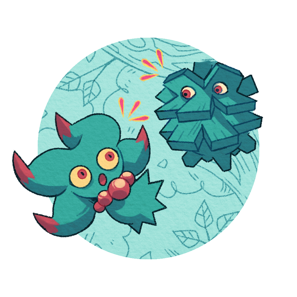 misdreavus, pineco, nintendo, pokemon, commentary, english commentary, :o, blue theme, colored sclera, floating, gen 2 pokemon, leaf, lullambii, no humans, notice lines, open mouth, pokemon (creature), pokemon focus, red eyes, surprised, tree, yellow sclera