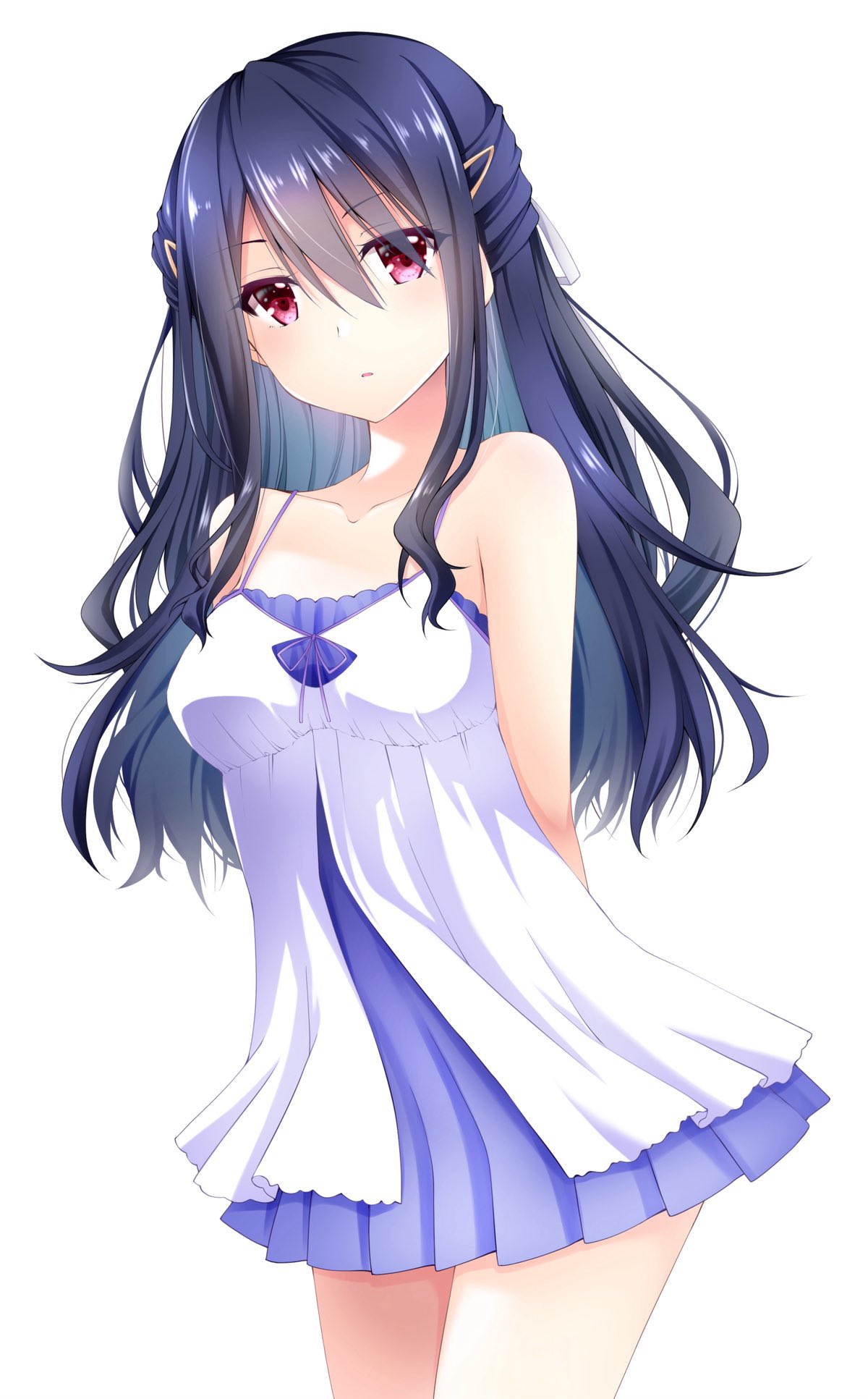 chibinon, izanami kyouko, kamisama ni natta hi, commentary request, highres, 1girl, arms behind back, bare shoulders, black hair, blue dress, blush, breasts, collarbone, cowboy shot, dress, eyelashes, eyes visible through hair, hair between eyes, hair ornament, hair ribbon, hairclip, half updo, long hair, looking at viewer, medium breasts, parted lips, pleated dress, red eyes, ribbon, short dress, sidelocks, simple background, sleeveless, sleeveless dress, solo, spaghetti strap, straight-on, two-tone dress, very long hair, wavy hair, white background, white dress, white ribbon