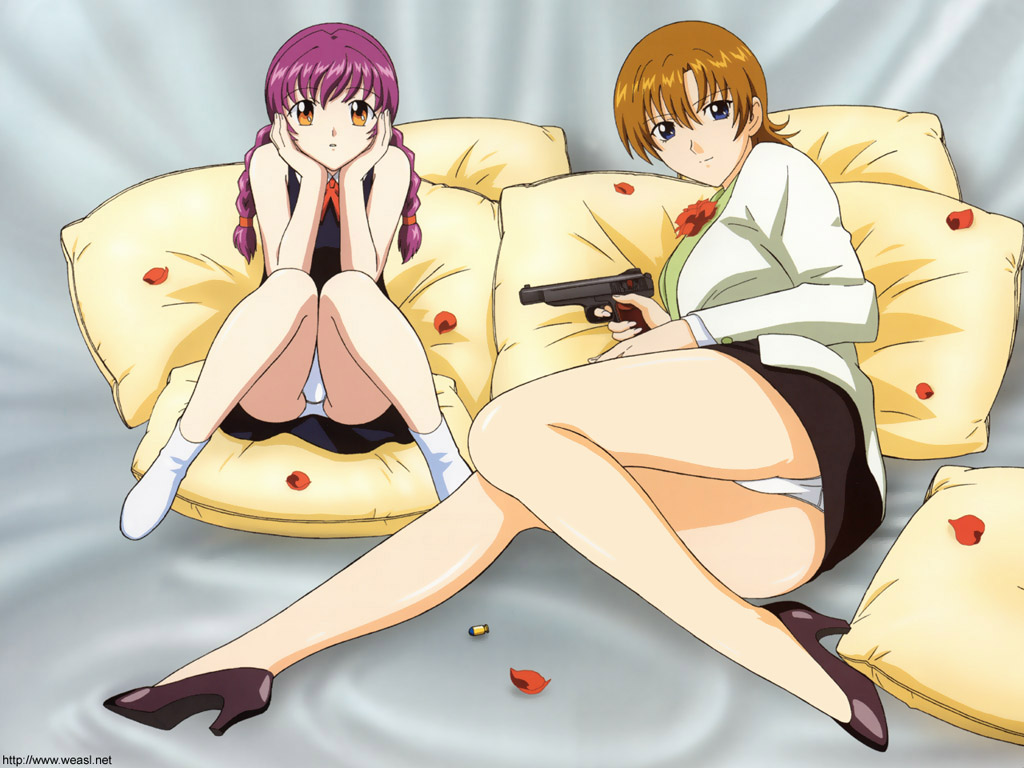 hiiragi najica, humarittt zzz lila, najica dengeki sakusen, 00s, 2girls, blue eyes, brown hair, flower, gun, high heels, long hair, long legs, miniskirt, multiple girls, orange eyes, panties, pantyshot, pencil skirt, purple hair, rose, shoes, sitting, skirt, smile, twintails, underwear, weapon, white panties