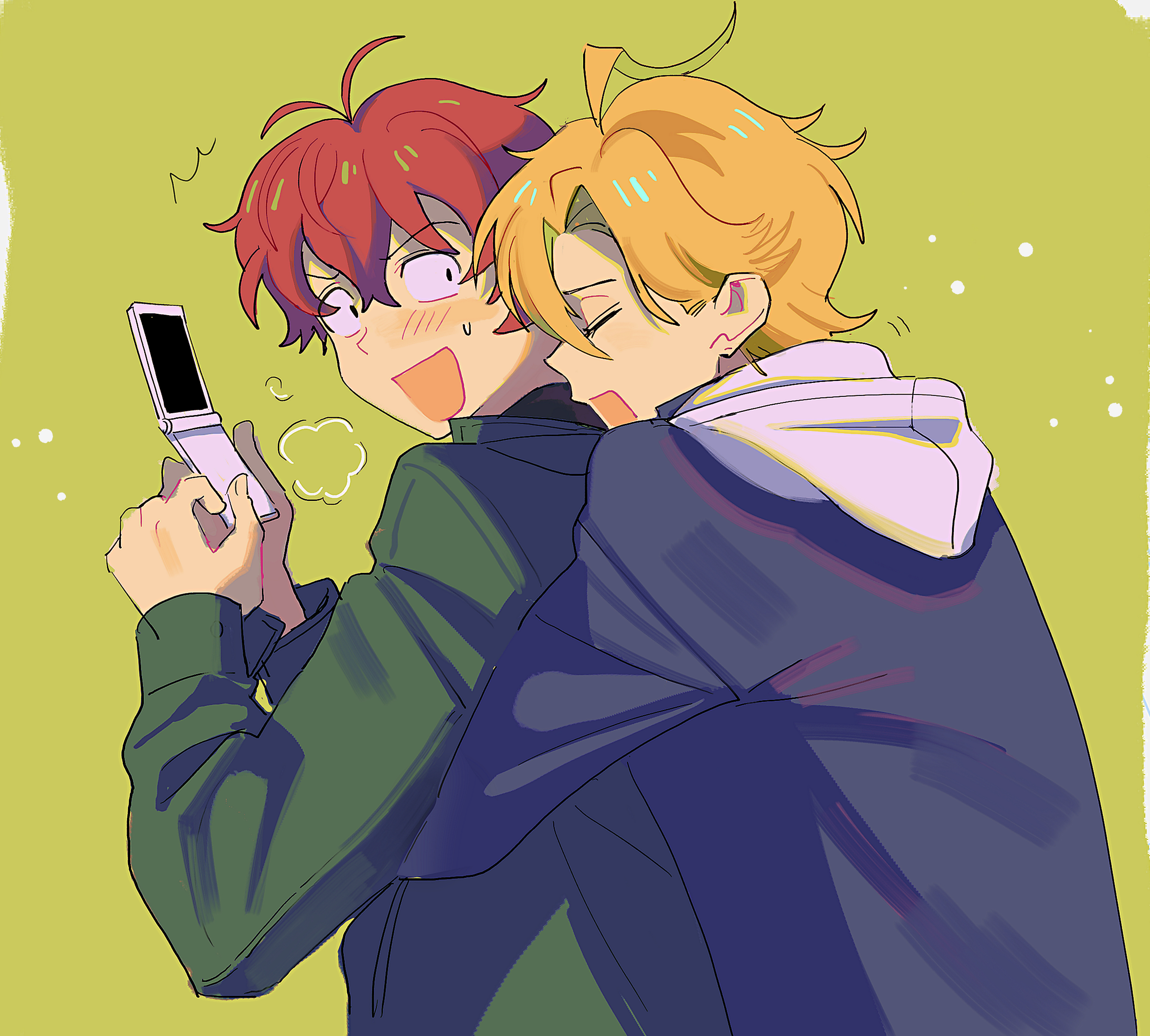izanami hifumi, kannonzaka doppo, hypnosis mic, small pupils, highres, 2boys, :d, ahoge, antenna hair, blonde hair, blue jacket, blush, breath, cellphone, closed eyes, cold, curtained hair, dnm5rocfa8yskqw, flip phone, furrowed brow, green background, green jacket, hair between eyes, hands up, holding, holding phone, hood, hooded jacket, hug, hug from behind, jacket, long sleeves, looking at another, male focus, multiple boys, open mouth, parted bangs, phone, piercing hole, raised inner eyebrows, rectangular mouth, red hair, short hair, sideburns, simple background, smile, sweatdrop, upper body, winter clothes, yaoi