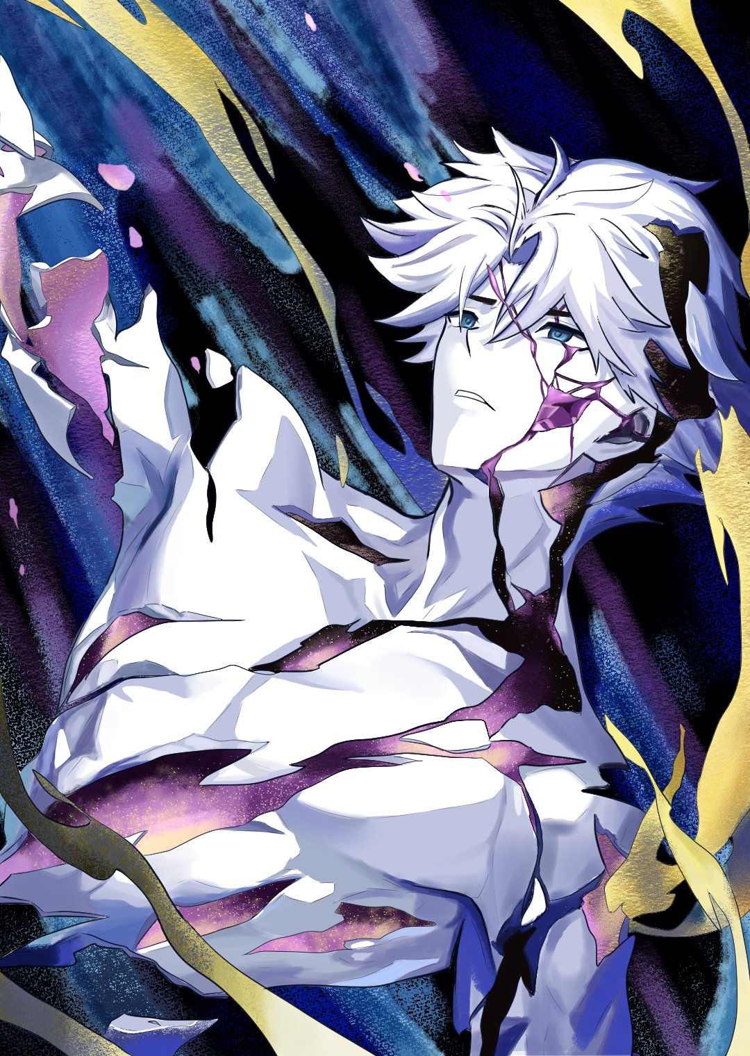 nice (to be hero x), to be hero, to be hero x, highres, 1boy, blue eyes, cracked skin, curtained hair, falling, kasashii, male focus, no shirt, outstretched arm, reaching, scene reference, solo, white hair