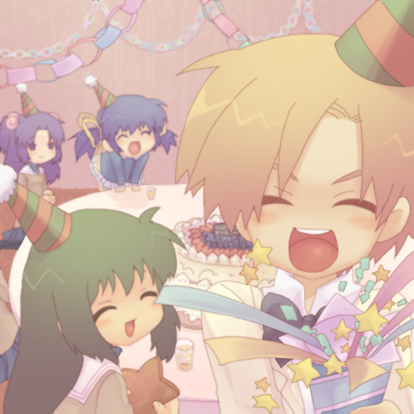 oto, ibuki fuuko, ichinose kotomi, sunohara mei, sunohara youhei, clannad, 00s, 1boy, 3girls, blonde hair, blush, blush stickers, bow, bowtie, cake, chibi, closed eyes, food, garland (decoration), glass, green hair, hat, long sleeves, medium hair, multiple girls, open mouth, paper chain, party, party hat, pastry, school uniform, serafuku, teeth