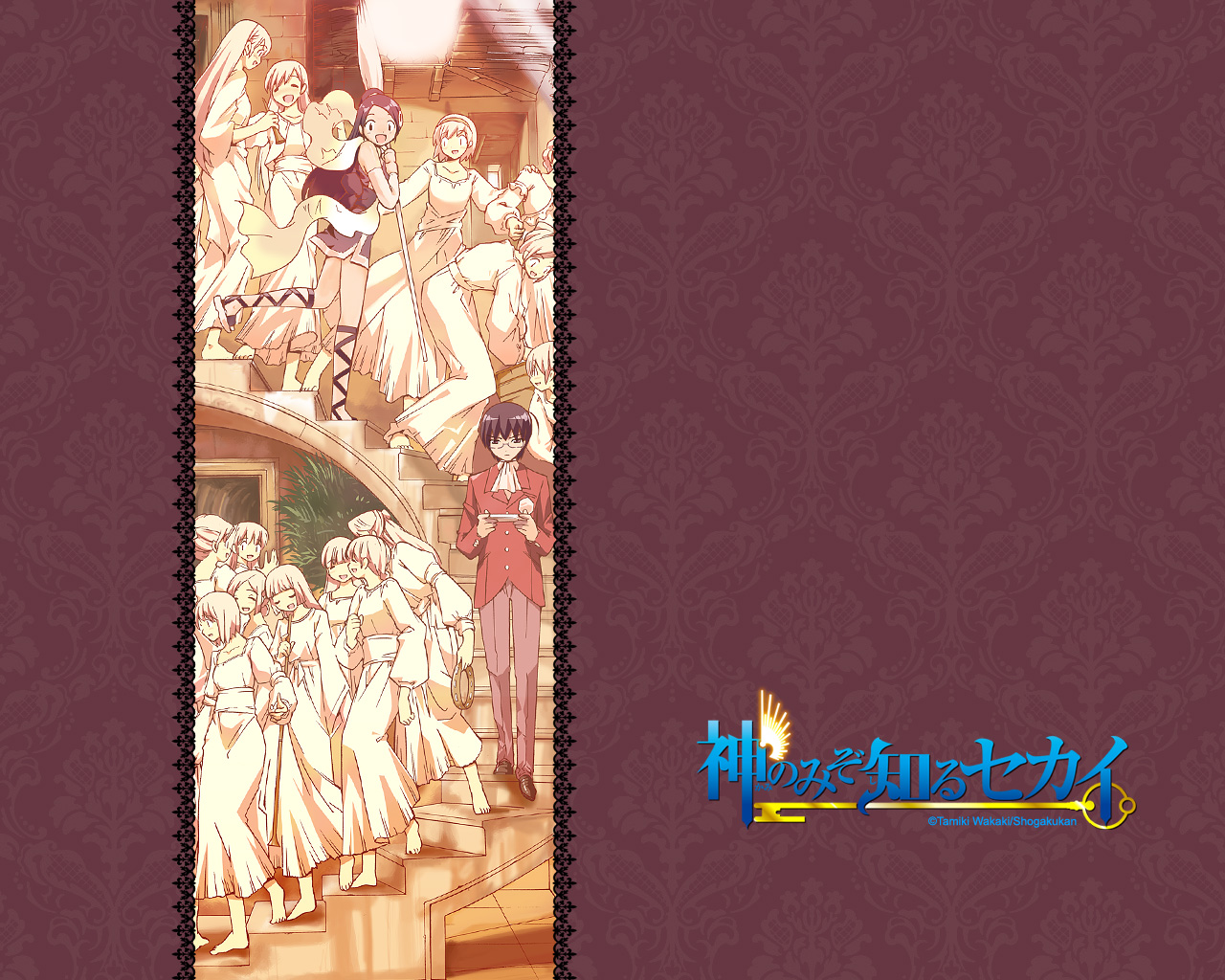 wakaki tamiki, elysia de lute ima, katsuragi keima, kami nomi zo shiru sekai, official art, official wallpaper, 1boy, 6+girls, handheld game console, multiple girls, playstation portable