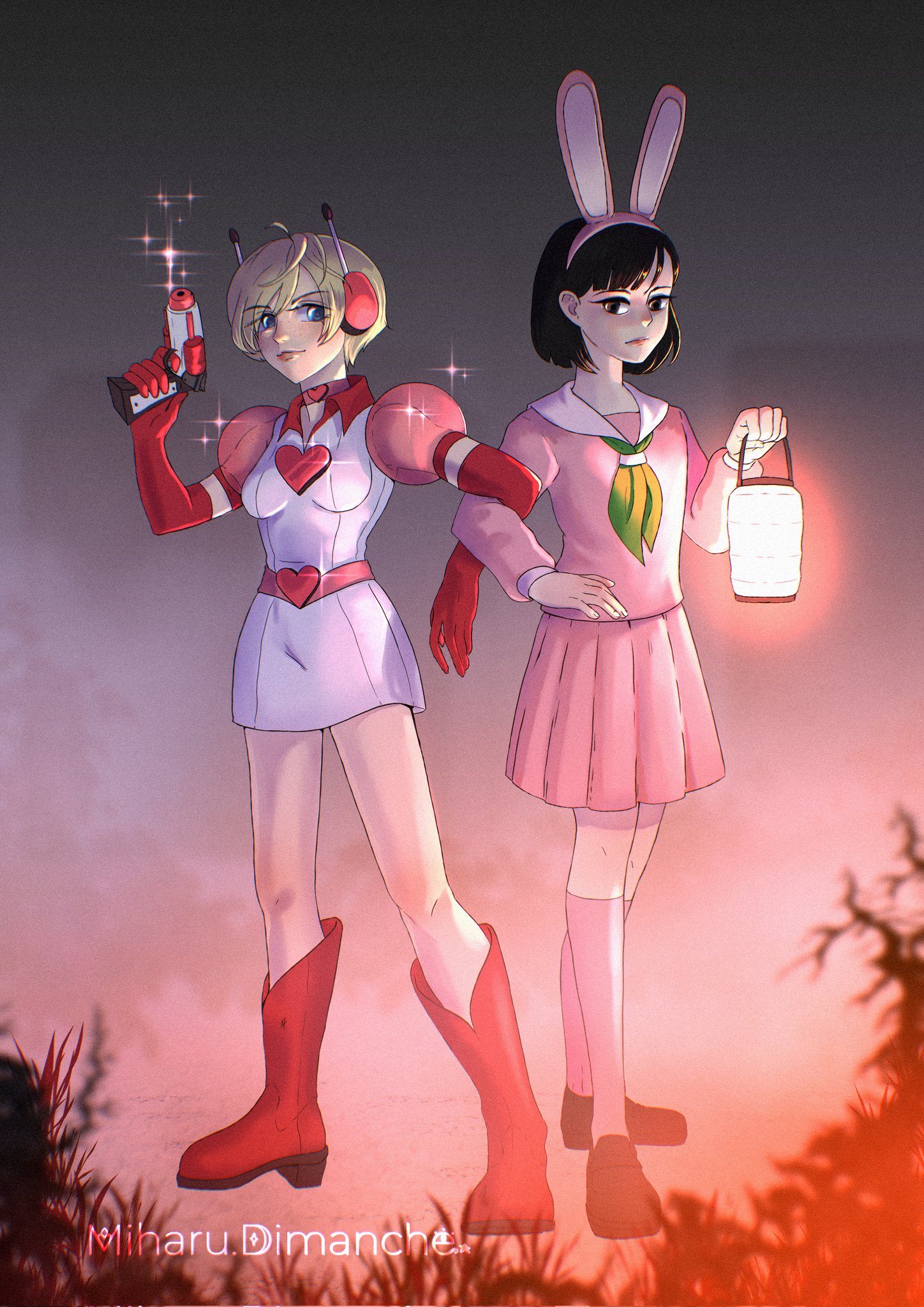 heather mason, shimizu hinako, silent hill (series), silent hill 3, silent hill f, highres, 2girls, animal ears, artist name, black hair, blonde hair, boots, dress, elbow gloves, fake animal ears, gloves, gun, heart, heart belt buckle, holding, holding gun, holding lantern, holding weapon, lantern, locked arms, looking at viewer, miharudimanche, multiple girls, pink serafuku, pink skirt, pink socks, pleated skirt, puffy short sleeves, puffy sleeves, rabbit ears, red boots, red gloves, school uniform, serafuku, short hair, short sleeves, skirt, socks, sparkle, weapon
