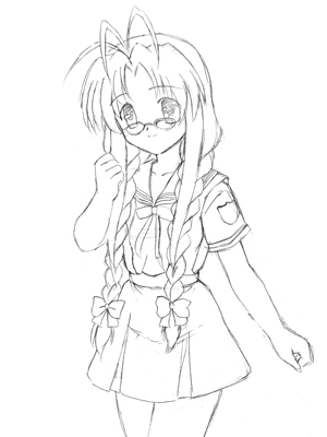 master therion (asobijanaino), furukawa sanae, clannad, lowres, 00s, 1girl, antenna hair, bow, braid, cowboy shot, female focus, glasses, greyscale, long hair, monochrome, outline, school uniform, serafuku, simple background, sketch, solo, standing, twin braids, white background