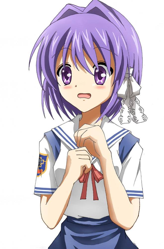 kuroi hitsuji, fujibayashi ryou, clannad, bad id, bad pixiv id, 00s, purple eyes, purple hair, school uniform, serafuku, short hair, solo