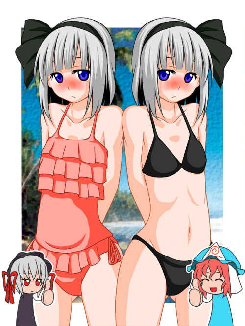 tsumidango, konpaku youmu, konpaku youmu (ghost), m.u.g.e.n, touhou, silver hair, bad id, bad pixiv id, 2girls, bikini, blush, female focus, hairband, hitodama, multiple girls, short hair, siblings, sisters, swimsuit, twins