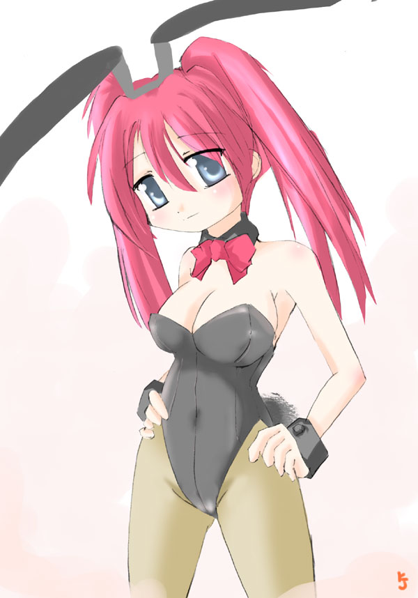 kiyojirou, original, 1girl, animal ears, blue eyes, breasts, fake animal ears, female focus, hands on own hips, long hair, medium breasts, pantyhose, playboy bunny, rabbit ears, red hair, solo, twintails
