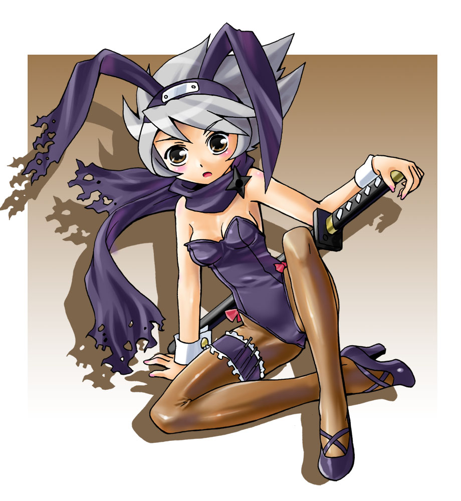 katahira masashi, silver hair, animal ears, brown eyes, fake animal ears, full body, high heels, ninja, pantyhose, playboy bunny, rabbit ears, scarf, shoes, short hair, shuriken, solo, sword, weapon