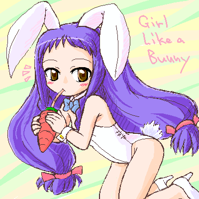 sotto, ayase yue, mahou sensei negima!, lowres, 00s, 1girl, animal ears, bare legs, brown eyes, carrot, drinking, english text, engrish text, fake animal ears, female focus, flat chest, high heels, long hair, playboy bunny, purple hair, rabbit ears, rabbit tail, ranguage, shoes, solo, tail