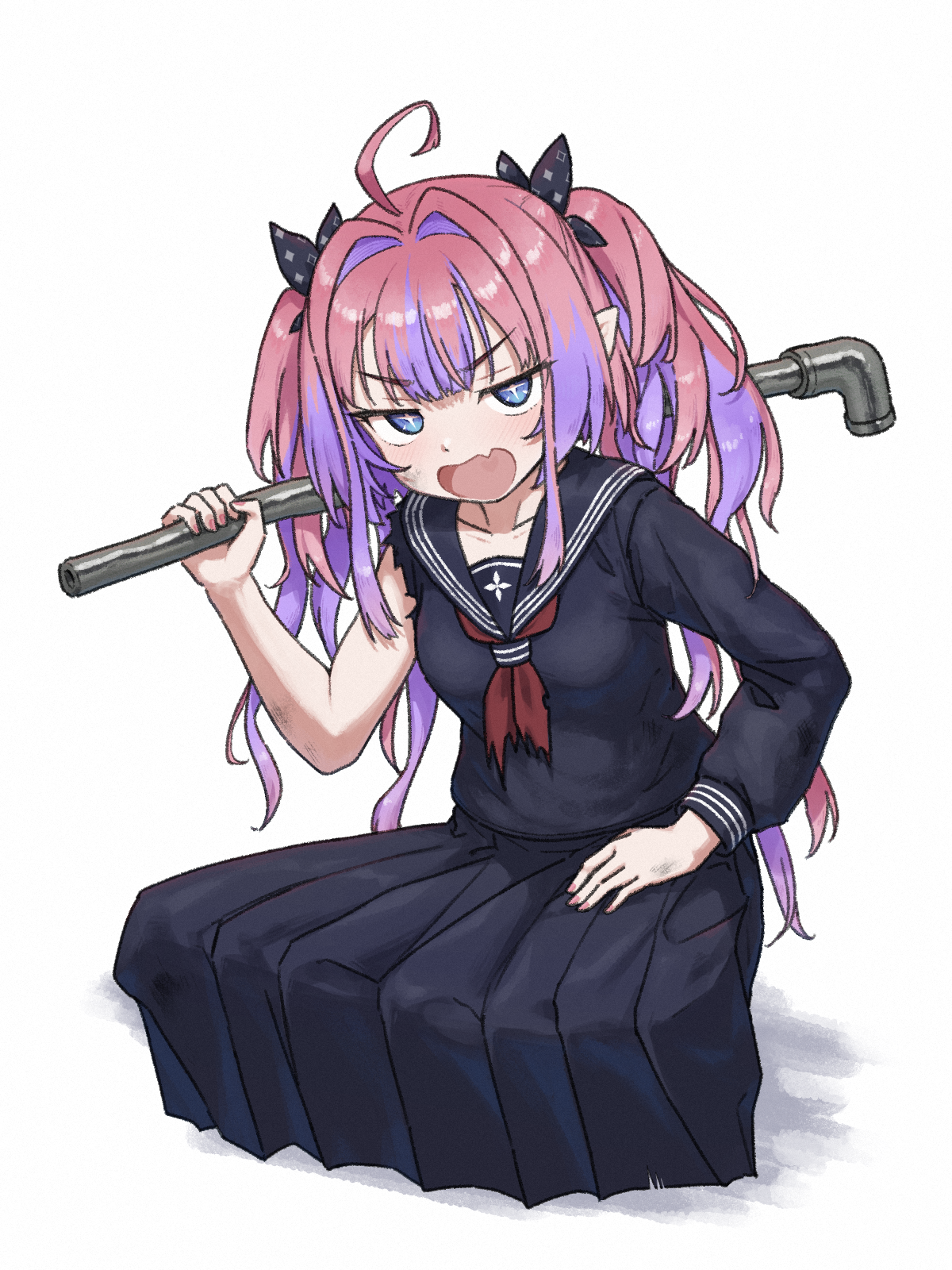 sanwanton, kikirara vivi, shimizu hinako, hololive, hololive dev is, silent hill (series), silent hill f, highres, 1girl, alternate costume, black ribbon, black serafuku, black skirt, blue eyes, cosplay, delinquent, hair intakes, hair ribbon, holding, holding lead pipe, lead pipe, long hair, looking at viewer, multicolored hair, open mouth, pink hair, pleated skirt, purple hair, ribbon, school uniform, serafuku, shimizu hinako (cosplay), simple background, skirt, sukeban, torn clothes, torn sleeve, twintails, white background