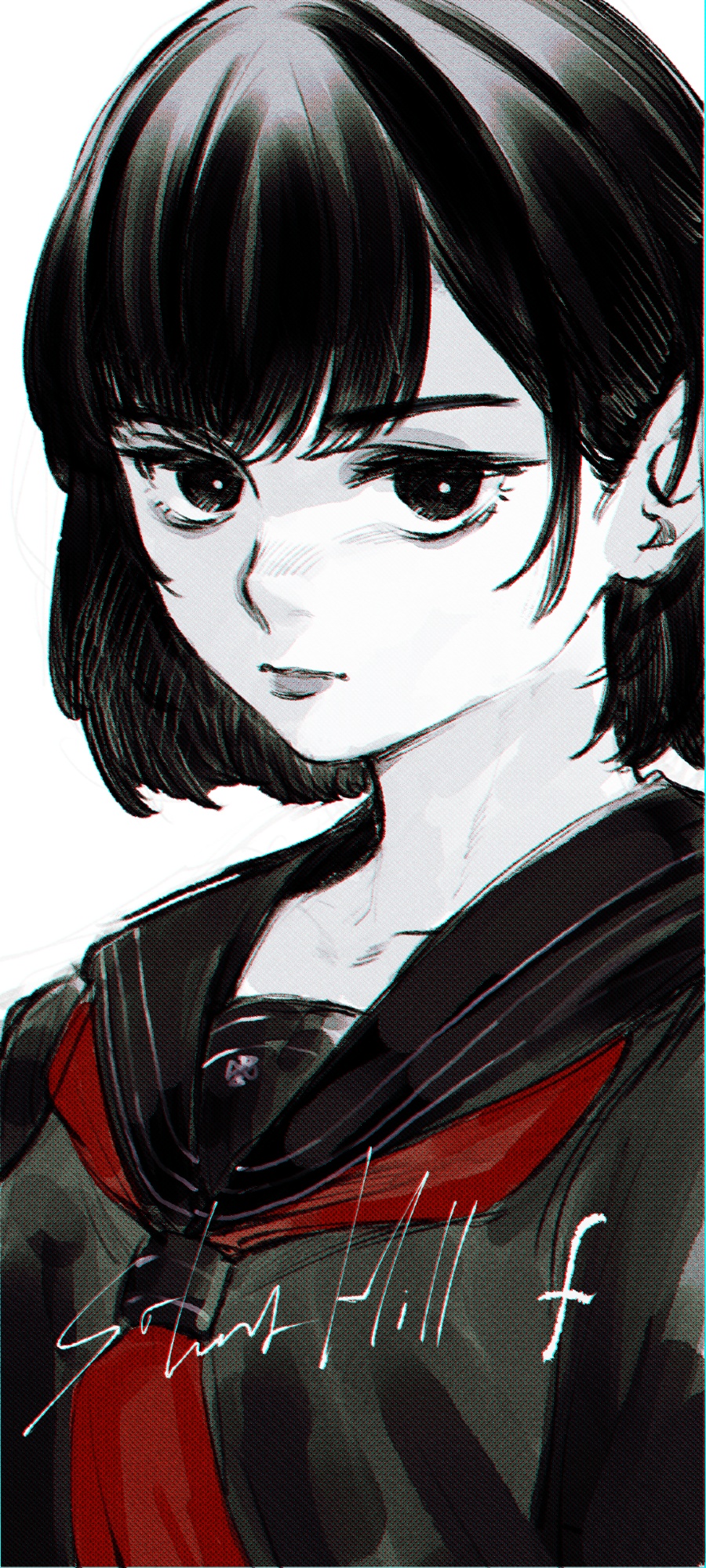 franzkafkaffee, shimizu hinako, silent hill (series), silent hill f, highres, 1girl, black eyes, black hair, black serafuku, copyright name, looking at viewer, neckerchief, red neckerchief, school uniform, serafuku, short hair, simple background, white background