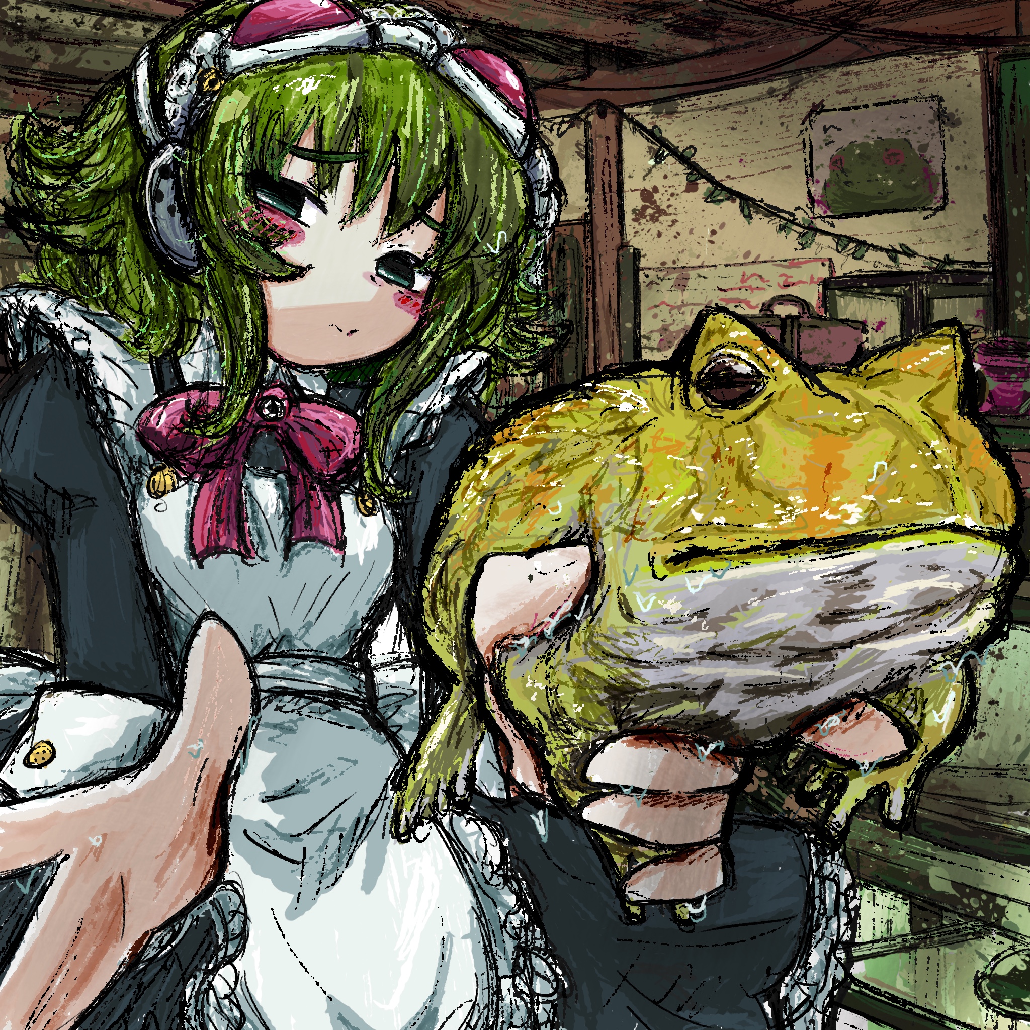 bubbacterial, character request, copyright request, highres, 1girl, animal, apron, black dress, blush stickers, closed mouth, dress, frog, green eyes, green hair, holding, holding animal, holding frog, indoors, long hair, maid, slimy, solo, white apron