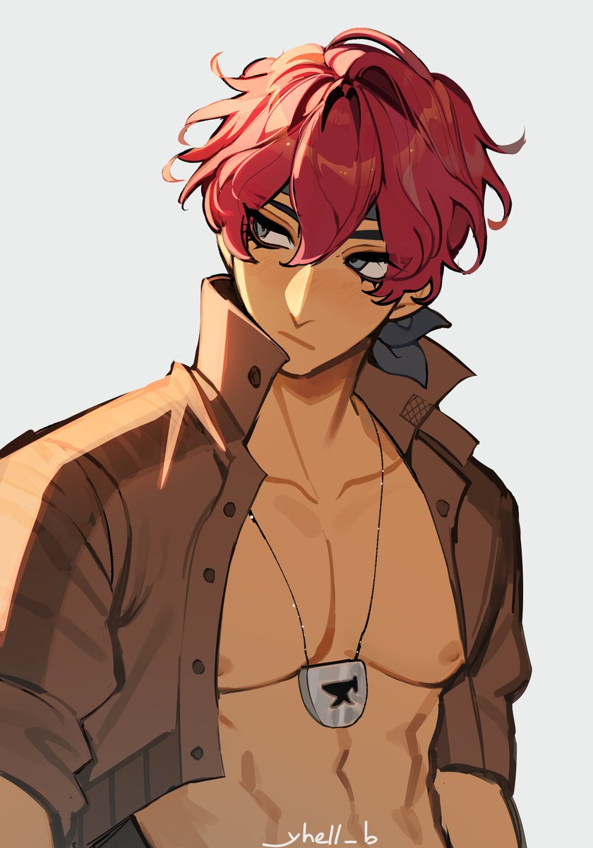 yhell b, march (fields of mistria), fields of mistria, highres, 1boy, brown jacket, green eyes, headband, jacket, jewelry, looking to the side, necklace, open clothes, open jacket, red hair, short hair, solo, toned, toned male, topless male, white background