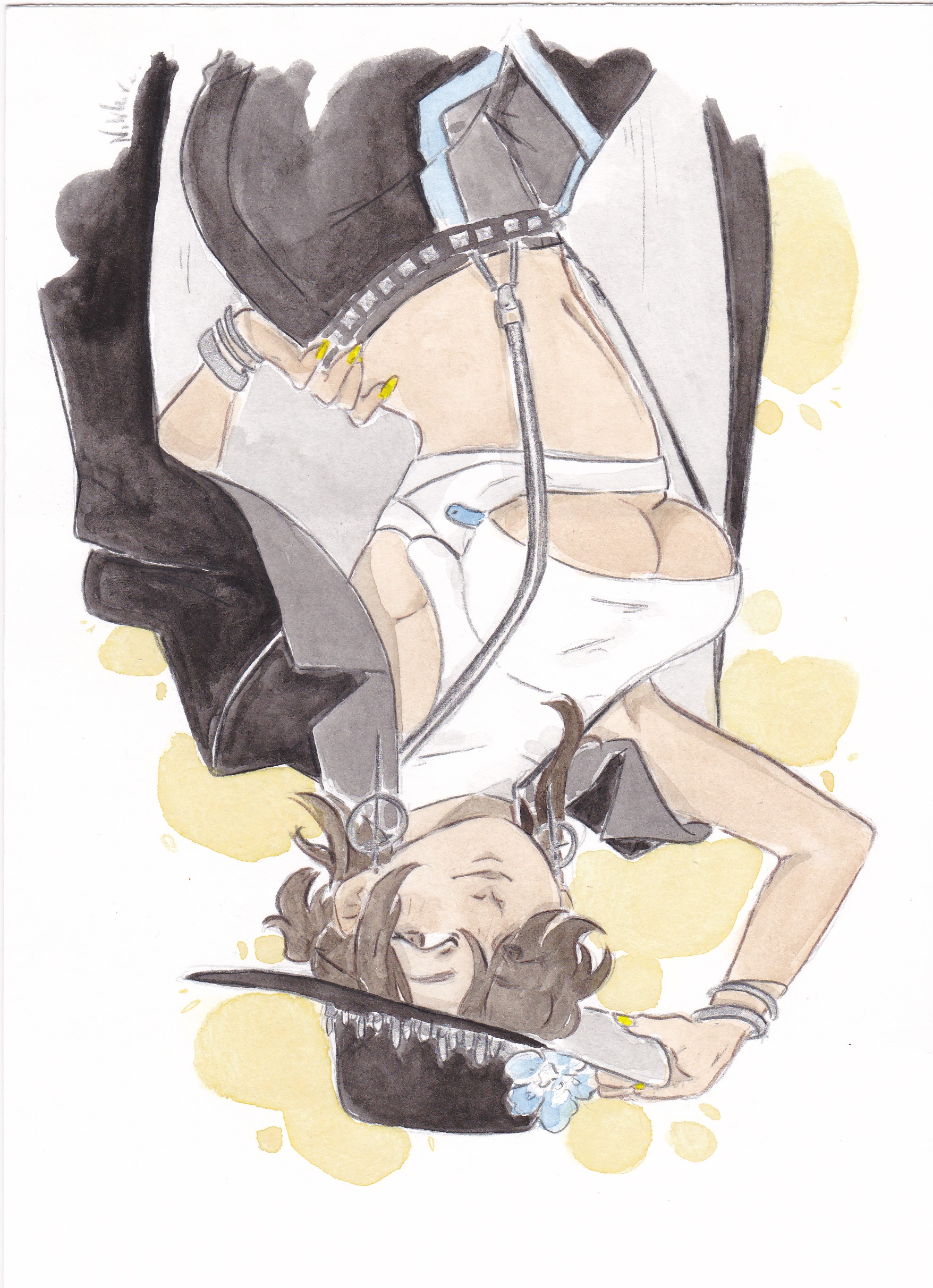 colt walker (girls' frontline), girls' frontline, absurdres, commission, commissioner upload, highres, non-web source, painting (medium), scan, traditional media, watercolor (medium), 1girl, alternate breast size (smaller), black hair, black hat, black jacket, black pants, blue flower, bracelet, breasts, brown eyes, closed mouth, cowboy hat, crop top, dark-skinned female, dark skin, earrings, exif rotation, flower, gun, hair over one eye, hand on headwear, hand on own hip, handgun, hat, jacket, jacket on shoulders, jewelry, looking to the side, medium breasts, midriff, navel, nowhere (noh papers), pants, ponytail, shirt, short ponytail, sleeveless, sleeveless shirt, smile, solo, suspenders, turtleneck, two-tone background, underboob, weapon, yellow nails