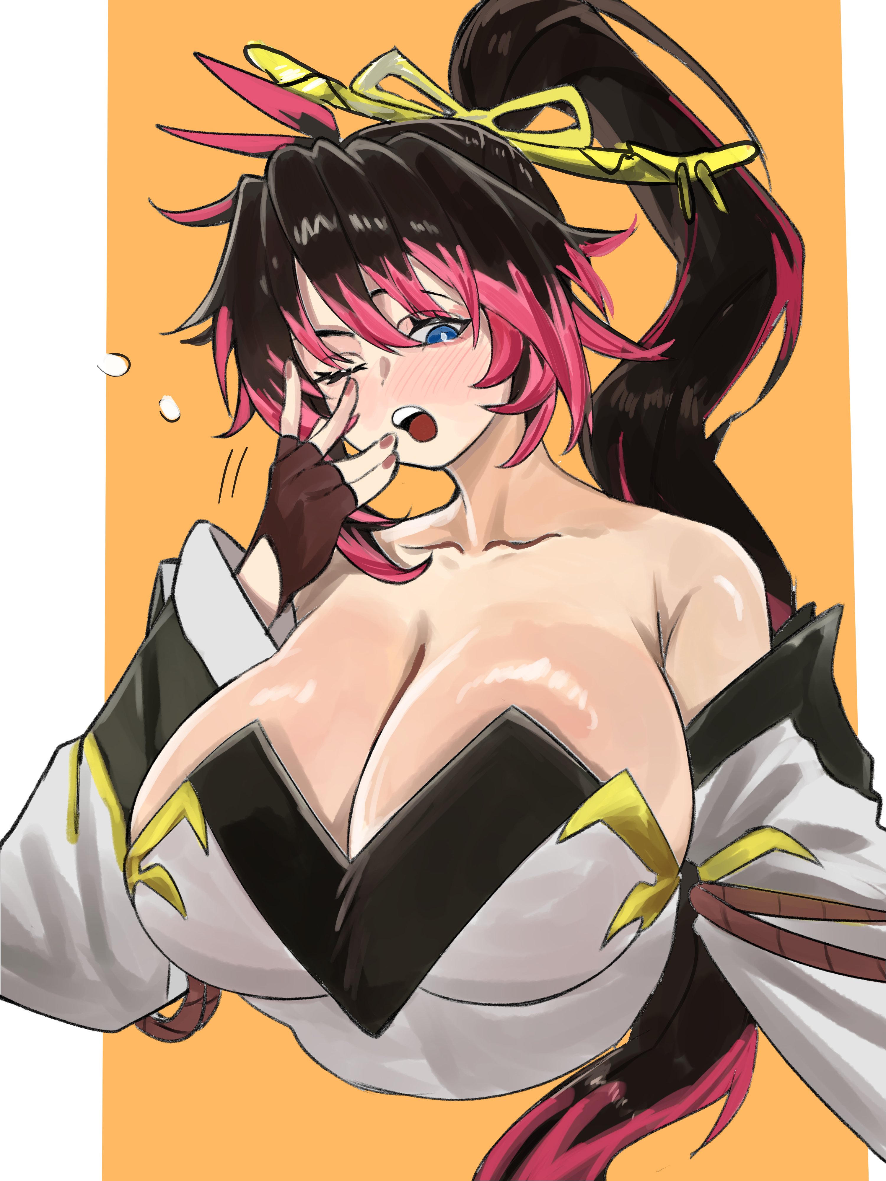 nanbu kaguya, super robot wars, super robot wars og saga mugen no frontier, absurdres, highres, black hair, blue eyes, border, breasts, cleavage, cropped torso, detached sleeves, hatdmt, high ponytail, large breasts, looking down, multicolored hair, nail polish, orange background, ponytail, streaked hair, white border