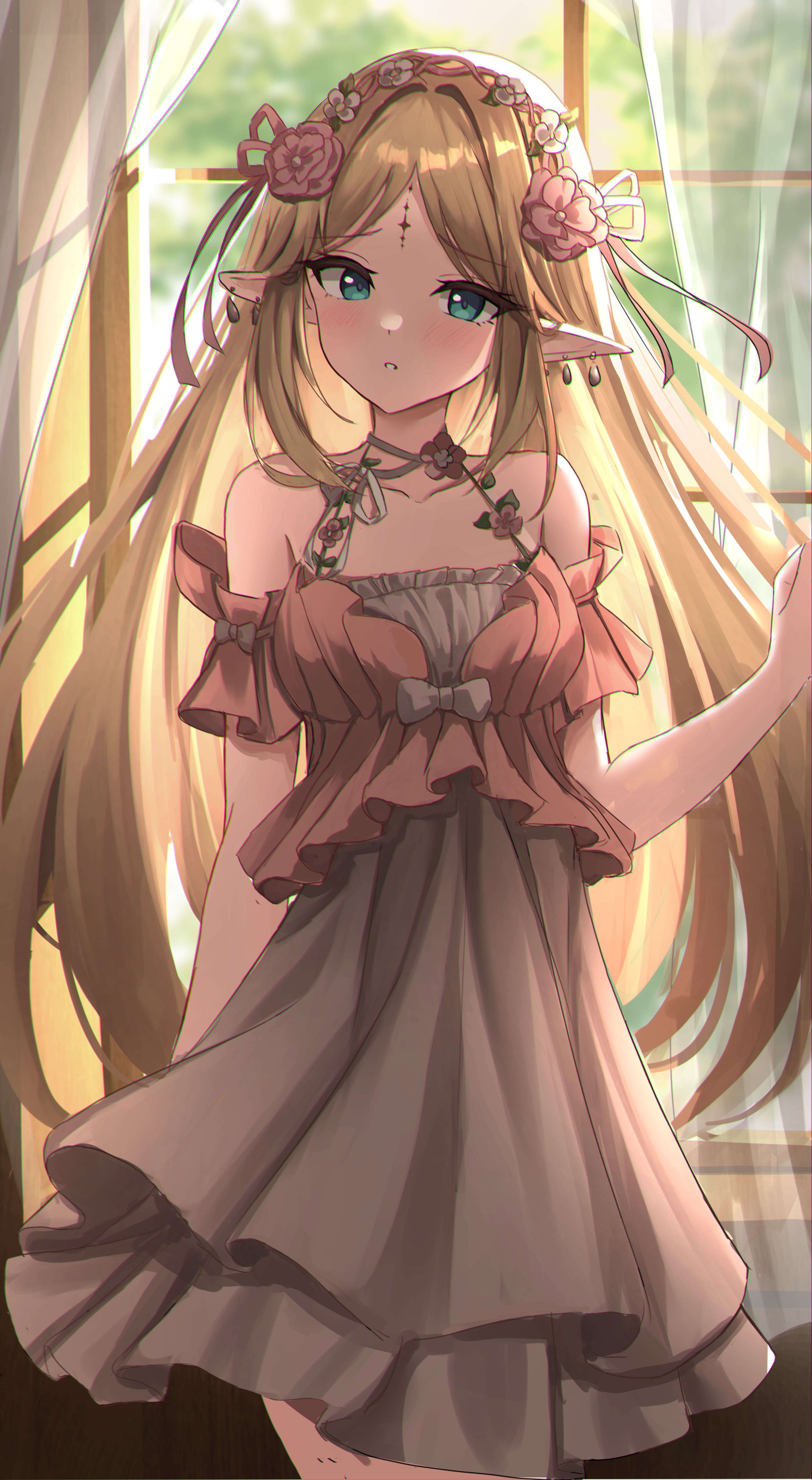 slepii4, cartethyia (wuthering waves), wuthering waves, absurdres, commentary, highres, 1girl, bare shoulders, blonde hair, breasts, dress, earrings, head wreath, jewelry, long hair, medium breasts, multiple earrings, official alternate costume, parted bangs, pointy ears, sidelocks, solo, tacet mark (wuthering waves), very long hair, white dress