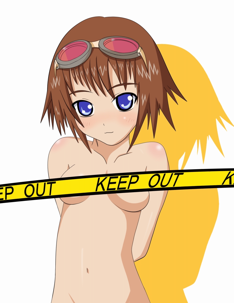 mametti, rita mordio, tales of (series), tales of vesperia, 00s, 1girl, :3, blue eyes, blush, bob cut, breasts, brown hair, censored, female focus, goggles, short hair, small breasts, solo
