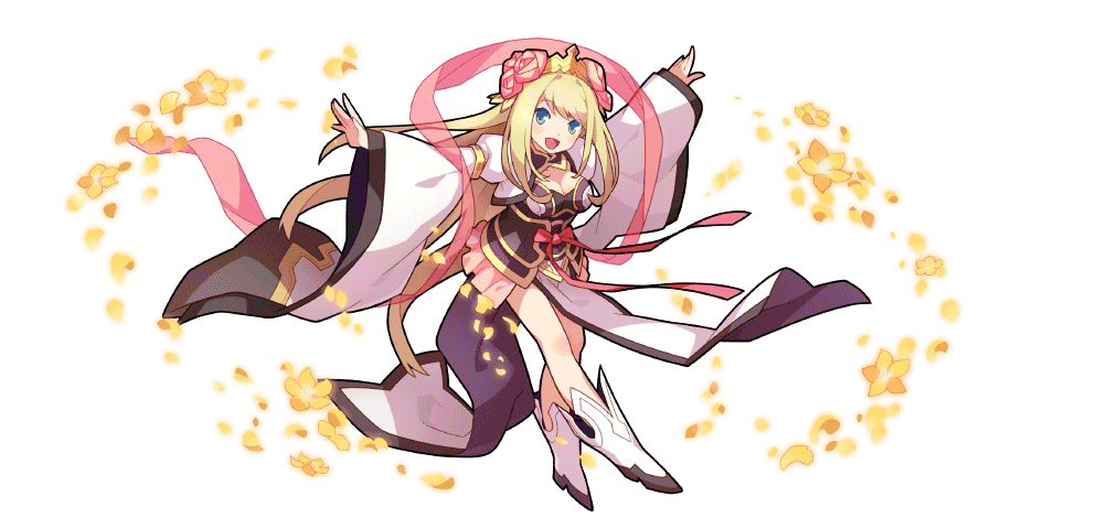 chloe lemaire, girlfriend (kari), sangokushi puzzle taisen, absurdres, highres, official art, 1girl, :d, aqua eyes, blonde hair, boots, crossover, female focus, full body, japanese clothes, kimono, long hair, long sleeves, looking at viewer, oafers, official alternate costume, open mouth, pink kimono, shoes, simple background, smile, solo, transparent background, white boots