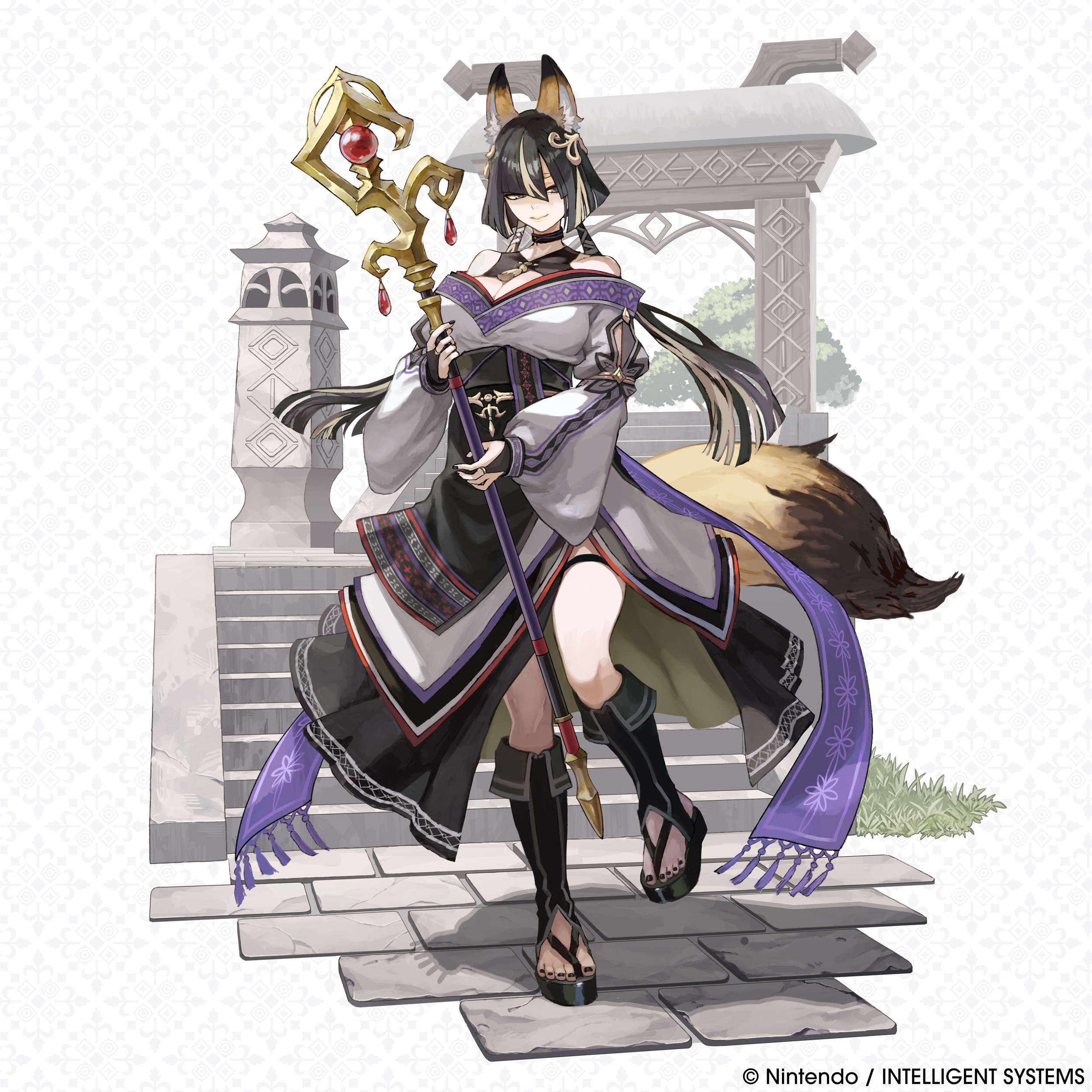 fire emblem, fire emblem shadows, nintendo, absurdres, artist request, commentary, english commentary, highres, official art, 1girl, animal ears, black hair, black nails, breasts, bridal gauntlets, cleavage, company name, fox ears, fox girl, fox tail, full body, holding, holding staff, japanese clothes, kimono, large breasts, lips, long hair, looking at viewer, multicolored hair, nail polish, solo, staff, tail, tamamo (fire emblem), thighs, toenail polish, toenails, two-tone hair