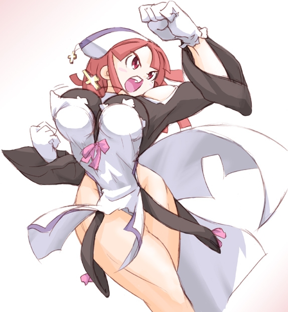 prier, la pucelle, nippon ichi, 1girl, angry, breasts, cross, crossed legs, female focus, gloves, large breasts, open mouth, pantyhose, red eyes, red hair, solo, thick thighs, thighs, toned, toned female, wide hips