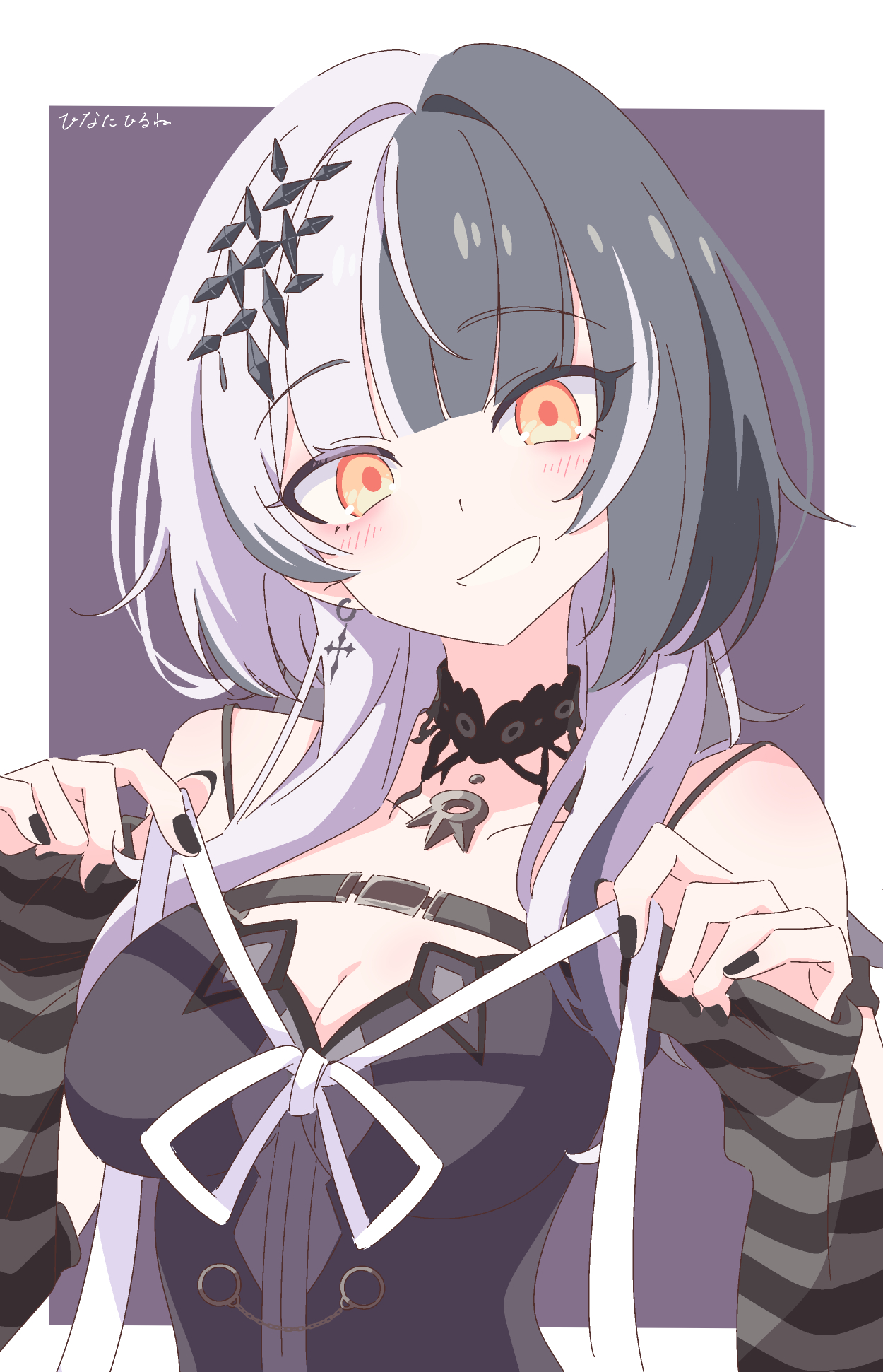 hinata hirune, shiori novella, shiori novella (1st costume), hololive, hololive english, hashtag-only commentary, highres, 1girl, arm strap, bare shoulders, black arm warmers, black choker, black dress, black hair, black nails, breasts, choker, cleavage, cross, cross earrings, dress, earrings, grey hair, holding, holding ribbon, jewelry, large breasts, long hair, looking at viewer, multicolored hair, pendant choker, ribbon, solo, spaghetti strap, split-color hair, striped arm warmers, two-tone hair, virtual youtuber, white ribbon, yellow eyes