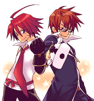 tsuyuka (sunny spot), adell (disgaea), croix raoul, disgaea, la pucelle, makai senki disgaea 2, nippon ichi, lowres, 2boys, black pants, brown hair, company connection, gun, male focus, multiple boys, necktie, pants, red hair, sunglasses, weapon