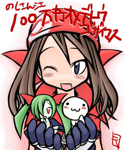 kirlia, may (pokemon), nintendo, pokemon, pokemon adventures, lowres, 1girl, :3, bandana, blue eyes, blush, blush stickers, brown hair, fang, gen 3 pokemon, hat, holding, one eye closed, pokemon (creature), simple background, white background