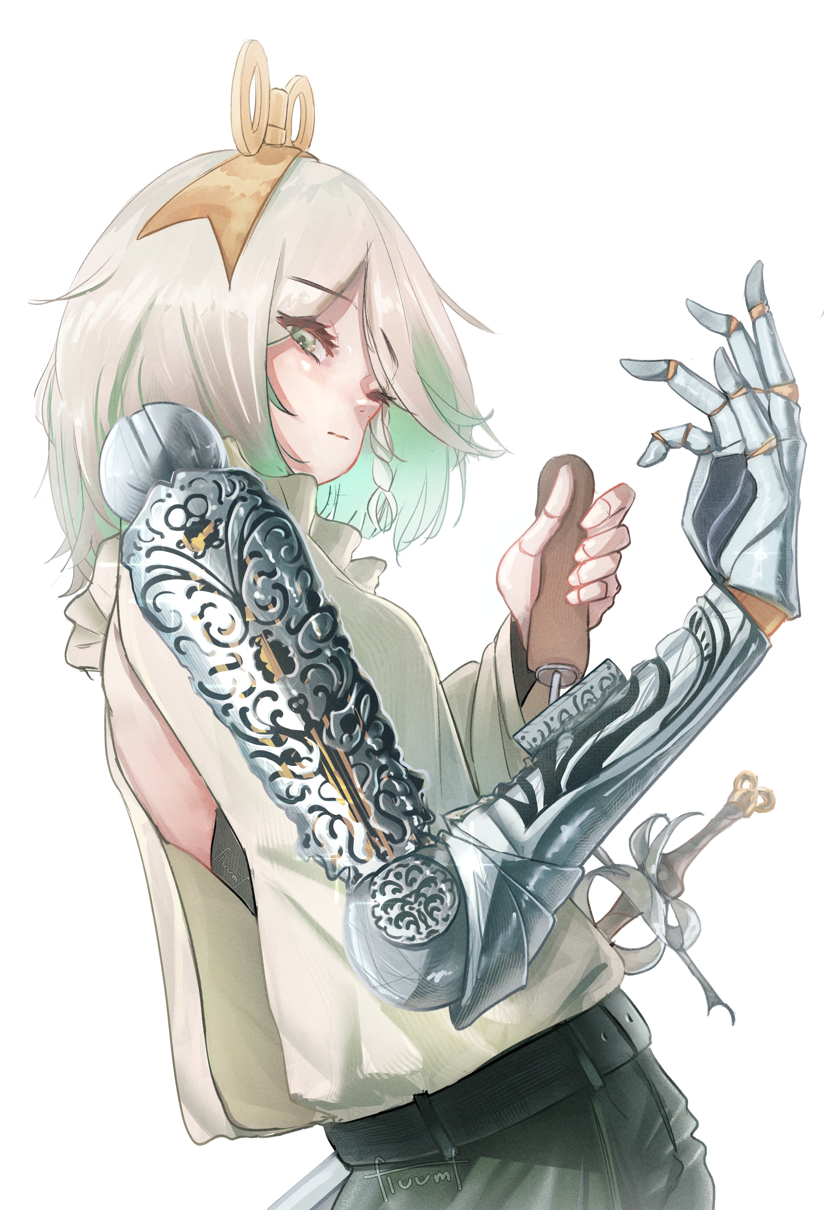 floomf, cecilia immergreen, hololive, hololive english, absurdres, highres, 1girl, belt, black belt, closed mouth, colored inner hair, doll joints, gradient hair, green eyes, green hair, grey hair, holding tool, joints, mechanical arms, multicolored hair, shirt, shirt tucked in, simple background, single mechanical arm, solo, sword, virtual youtuber, weapon, white background, white shirt, winding key