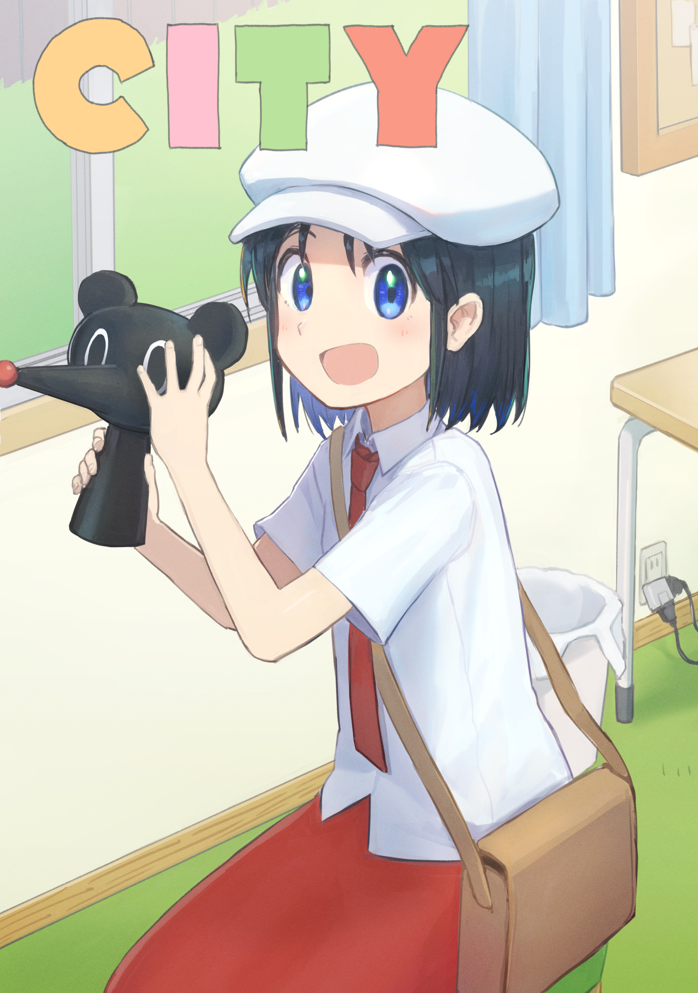 weasel (close-to-the-edge), izumi wako, city (arawi keiichi), highres, 1girl, black hair, blue eyes, brown bag, collared shirt, copyright logo, curtains, desk, electrical outlet, hat, holding, indoors, light blush, looking at viewer, necktie, open mouth, red necktie, red skirt, shirt, skirt, smile, solo, trash can, white hat, white shirt, window