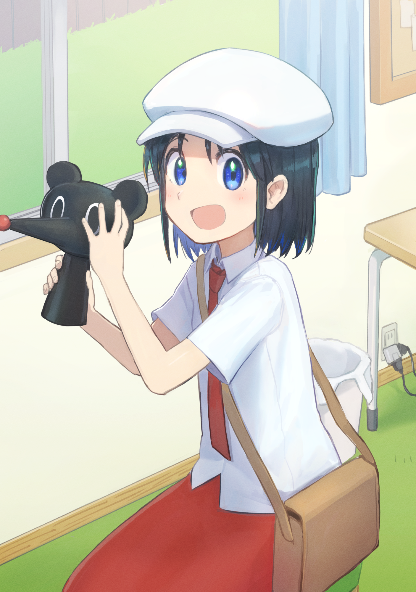 weasel (close-to-the-edge), izumi wako, city (arawi keiichi), highres, 1girl, black hair, blue eyes, brown bag, collared shirt, curtains, desk, electrical outlet, hat, holding, indoors, light blush, looking at viewer, necktie, open mouth, red necktie, red skirt, shirt, skirt, smile, solo, trash can, white hat, white shirt, window