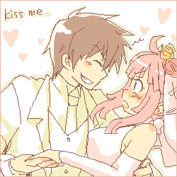 tsuyuka (sunny spot), croix raoul, prier, la pucelle, nippon ichi, lowres, 1boy, 1girl, blush, brown hair, dress, heart, oekaki, pink hair, smile, wedding, wedding dress, white theme