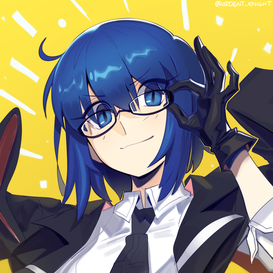 boa (brianoa), ciel-sensei (fate), ciel (tsukihime), fate/grand order, fate (series), c.i.e.l (fate), 1girl, ahoge, black gloves, black jacket, blue eyes, blue hair, breasts, collared shirt, glasses, gloves, jacket, jacket on shoulders, looking at viewer, medium breasts, necktie, shirt, short hair, sleeves rolled up, smile, solo, white shirt