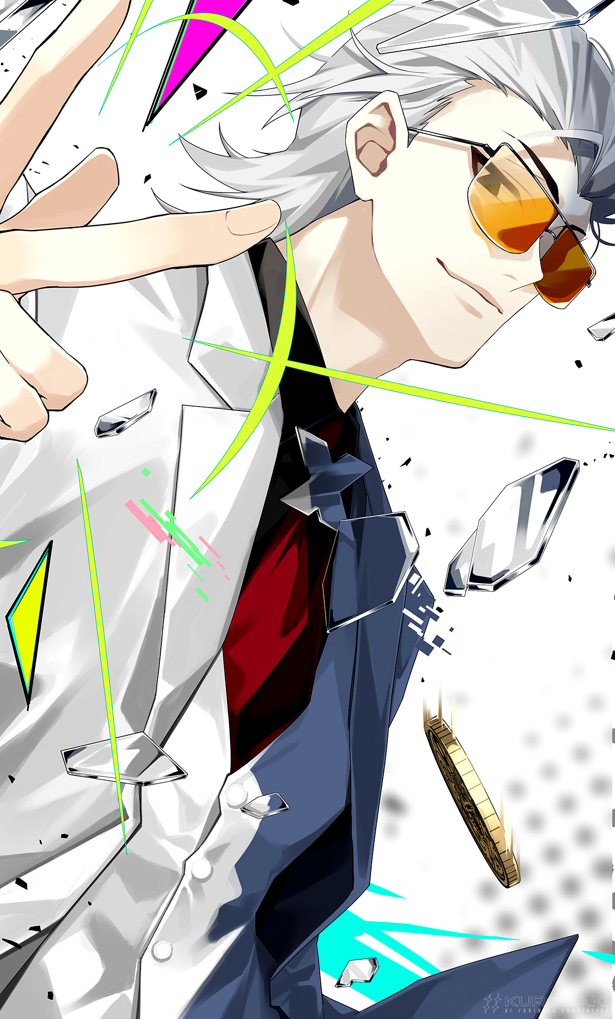 kurosakiinu, x (to be hero x), to be hero, to be hero x, highres, coin, formal clothes, gold coin, hair slicked back, mullet, necktie, red necktie, smug, snapping fingers, suit, tinted eyewear, vest, white suit, white vest, x (symbol), x ornament, yellow-tinted eyewear
