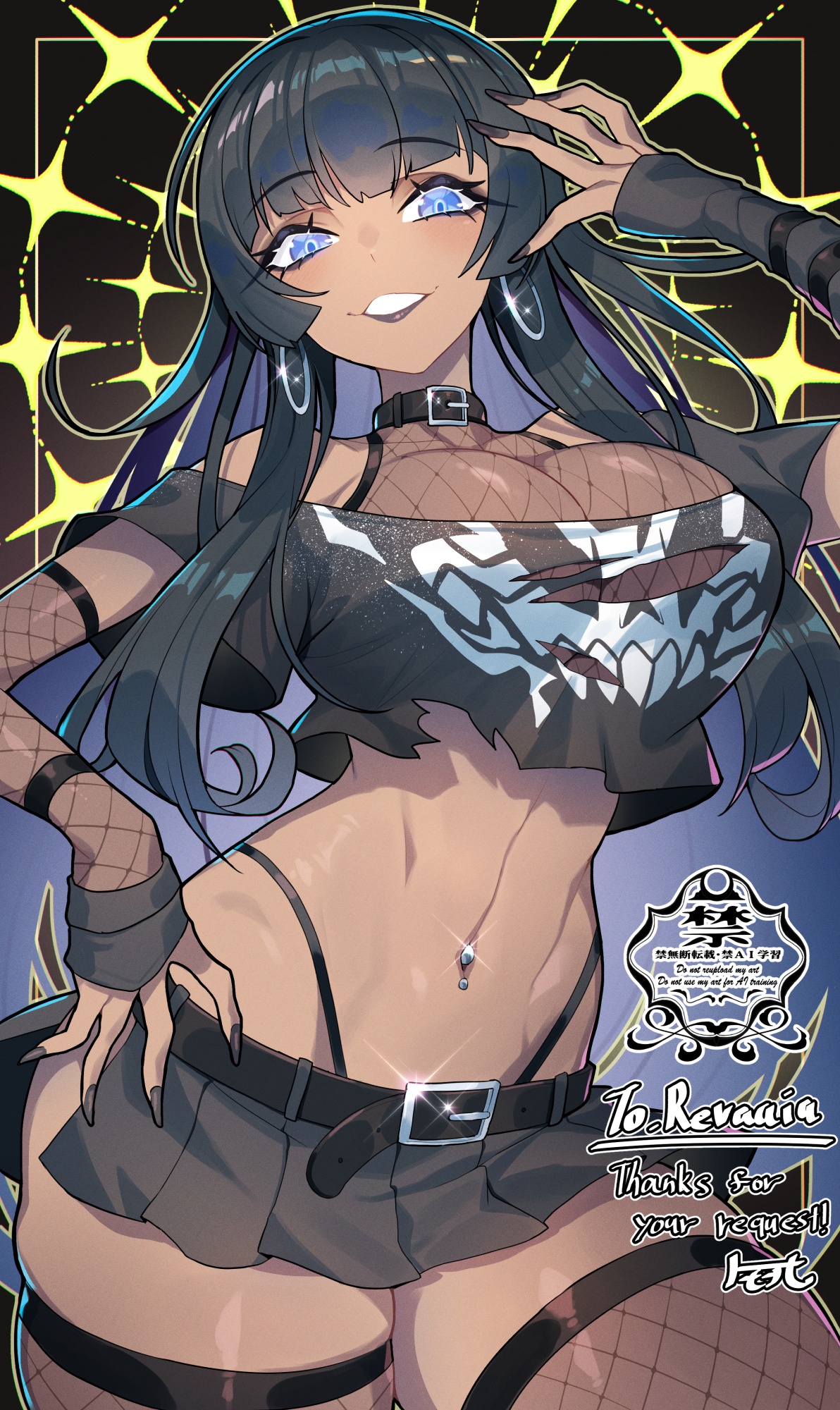 matsumoto tomoyohi, original, commission, highres, skeb commission, 1girl, belt, belt collar, black collar, black hair, black panties, black shirt, black skirt, blue eyes, breasts, collar, cropped shirt, earrings, eyebrows hidden by hair, fishnet sleeves, fishnet thighhighs, fishnet top, fishnets, hoop earrings, jewelry, large breasts, lipstick, long hair, looking at viewer, makeup, nail polish, navel piercing, open mouth, panties, piercing, shirt, skirt, smile, solo, stomach, thighhighs, torn clothes, torn shirt, underwear, very long hair