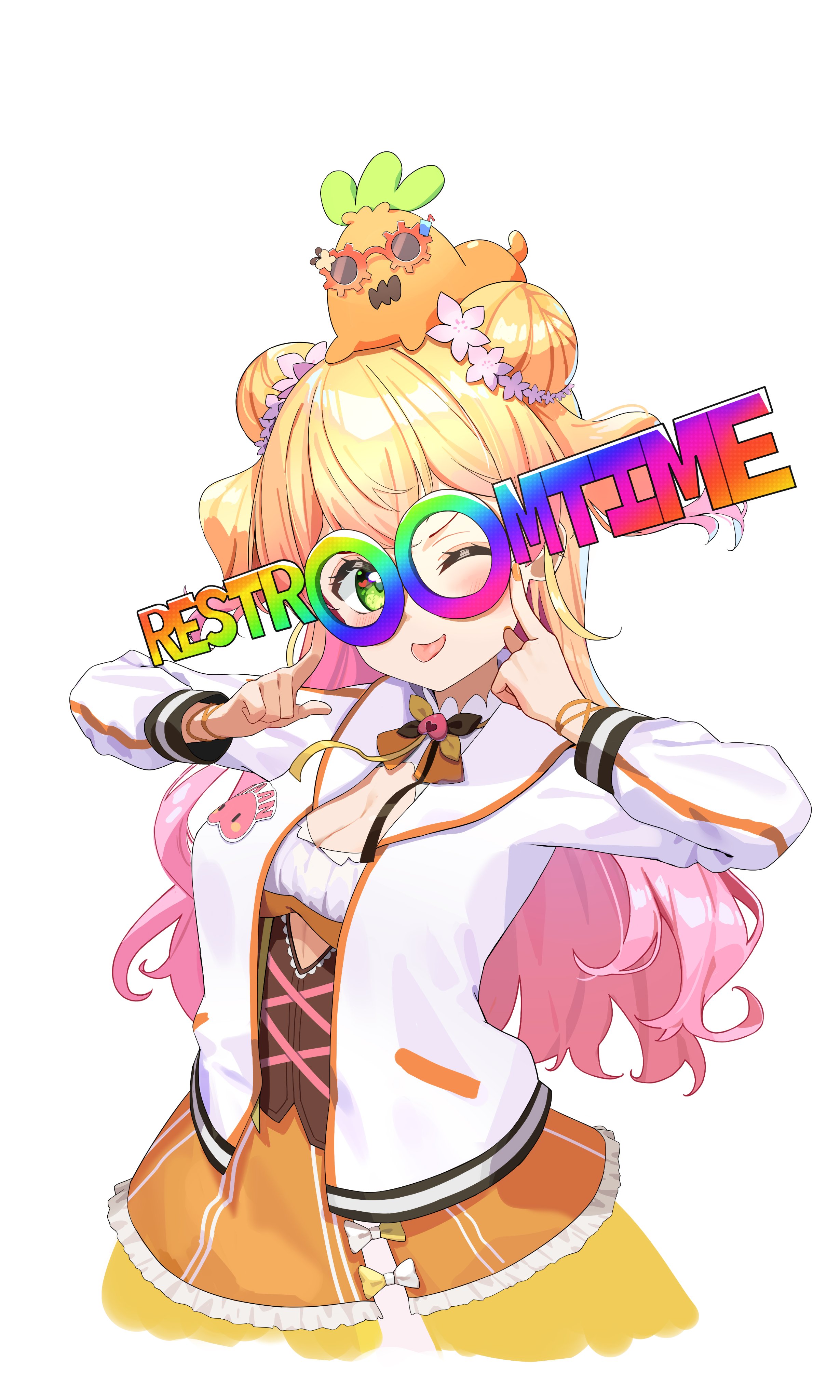 soredmaru, momosuzu nene, momosuzu nene (1st costume), nekko (momosuzu nene), hololive, absurdres, commentary request, highres, 1girl, adjusting eyewear, bell, blonde hair, bow, bowtie, breasts, brown bow, brown bowtie, cleavage, cleavage cutout, clothing cutout, corset, cropped legs, cutout above navel, double bun, english text, flower, gradient hair, green eyes, hair bun, hair flower, hair ornament, heart, heart in eye, jacket, jingle bell, layered skirt, looking at viewer, medium breasts, multicolored bow, multicolored bowtie, multicolored hair, neck bell, novelty glasses, on head, one eye closed, open clothes, open jacket, orange bow, orange bowtie, orange shirt, orange skirt, peach ornament, pink flower, pink hair, shirt, skirt, symbol in eye, tongue, tongue out, virtual youtuber, white jacket, yellow bow, yellow bowtie, yellow skirt