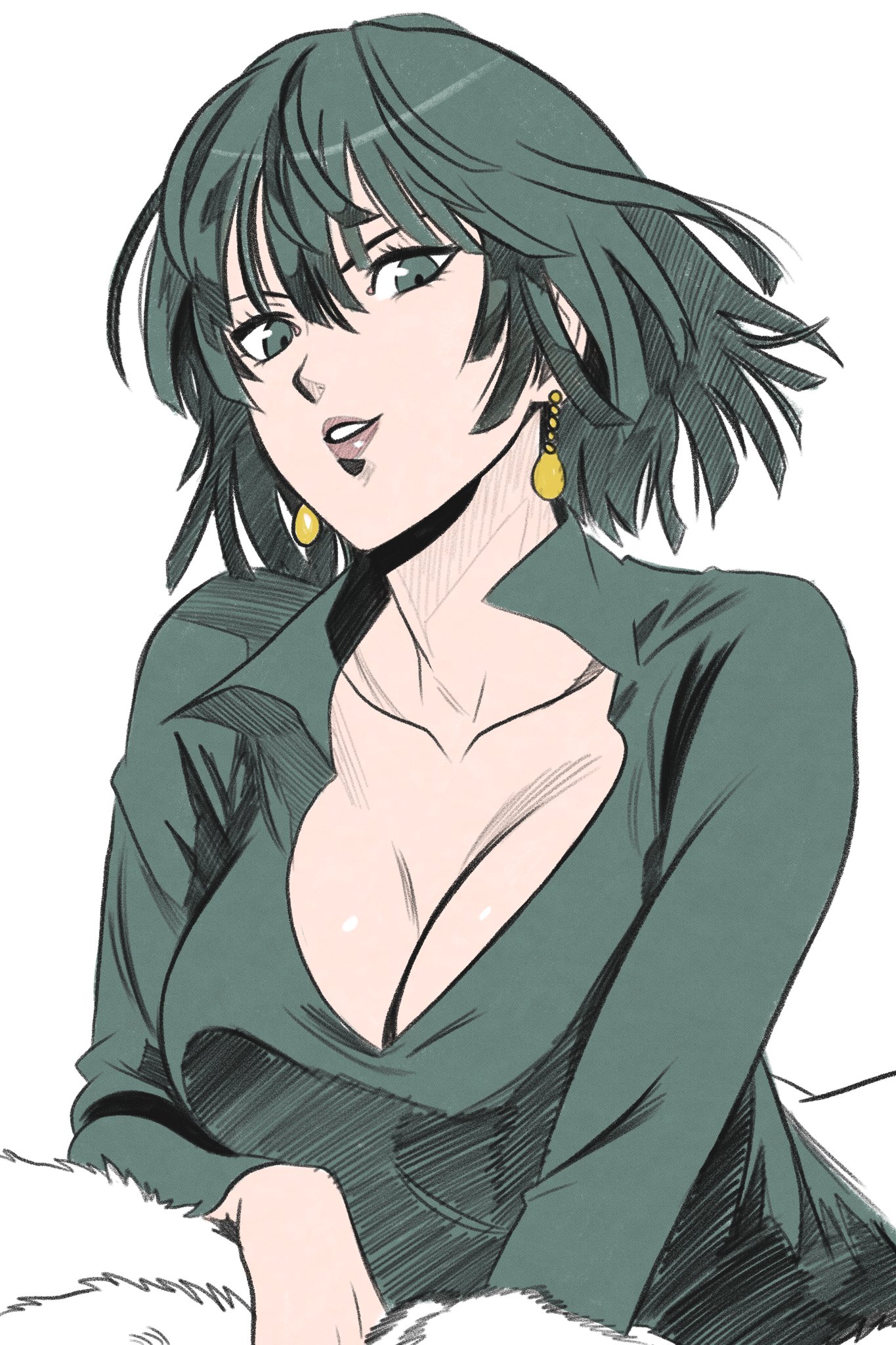 windriftdraws, fubuki (one-punch man), one-punch man, highres, 1girl, bob cut, breasts, cleavage, collarbone, earrings, green eyes, green hair, jewelry, large breasts, lips, looking at viewer, short hair, simple background, smile, solo, white background