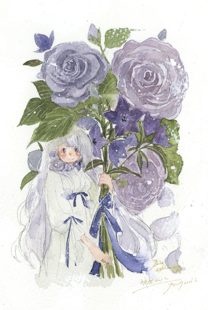 original, commission, painting (medium), traditional media, watercolor (medium), 1girl, blue eyes, blue flower, blunt bangs, bow, closed mouth, cropped torso, dated, dot nose, dress, eyelashes, flower, grey hair, happy, holding, holding flower, light blush, lily (flower), long dress, long hair, long sleeves, navel, neck flower, oversized flower, puffy long sleeves, puffy sleeves, purple bow, purple ribbon, ribbon, shinonoji, signature, simple background, sleeve bow, smile, solo, very long hair, waist bow, wavy hair, white background, white dress