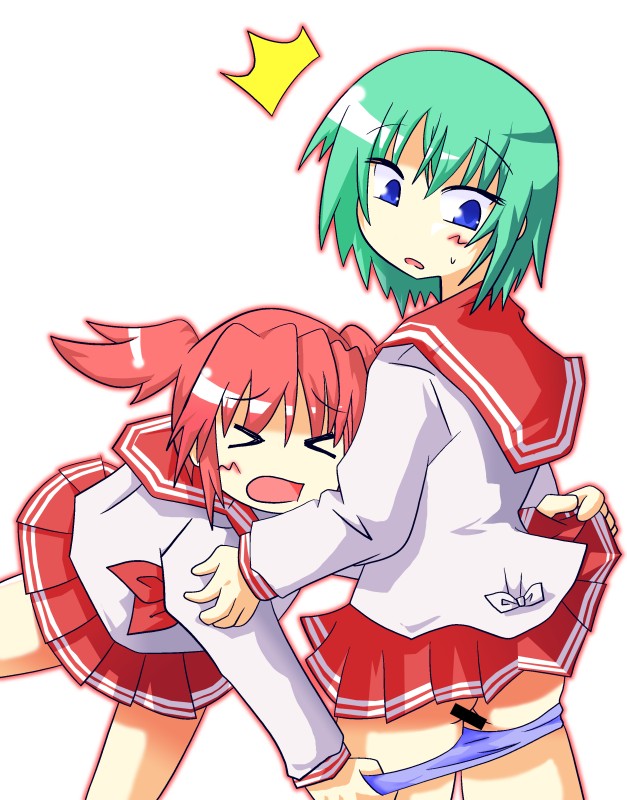 toutouhai, iwasaki minami, kobayakawa yutaka, lucky star, > <, 00s, 2girls, accident, ass, assisted exposure, blue eyes, censored, closed eyes, clothes lift, green hair, multiple girls, panties, pantsing, panty pull, red hair, school uniform, serafuku, short hair, skirt, skirt lift, tripping, underwear, yuri