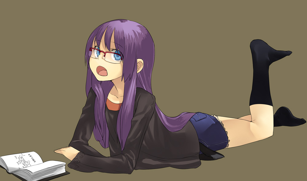 hama (22ji kara 24ji), original, 1girl, blue eyes, book, female focus, glasses, long hair, looking at viewer, lying, on stomach, open book, purple hair, reading, socks, solo