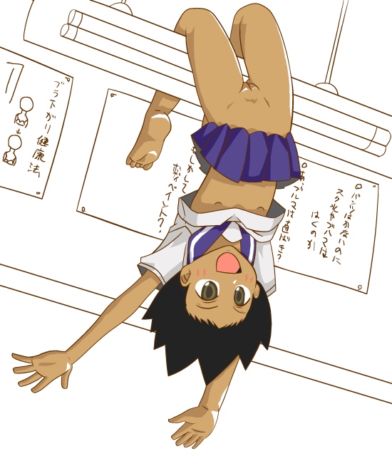 toutouhai, sekiutsu maria tarou, sayonara zetsubou sensei, 00s, 1girl, barefoot, black hair, brown eyes, cleft of venus, dark-skinned female, dark skin, female focus, loli, no panties, pussy, school uniform, serafuku, short hair, solo, uncensored, upside-down