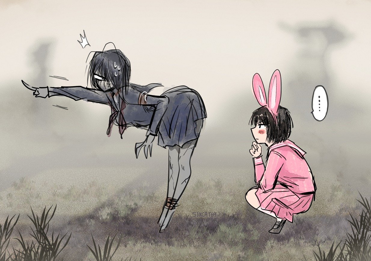 ayakakashi, shimizu hinako, silent hill (series), silent hill f, …, 2girls, animal ears, artist name, black hair, black serafuku, black skirt, blush, fake animal ears, grass, multiple girls, pink serafuku, pink skirt, pleated skirt, pointing, rabbit ears, school uniform, serafuku, sixcat69, skirt, squatting, sweatdrop