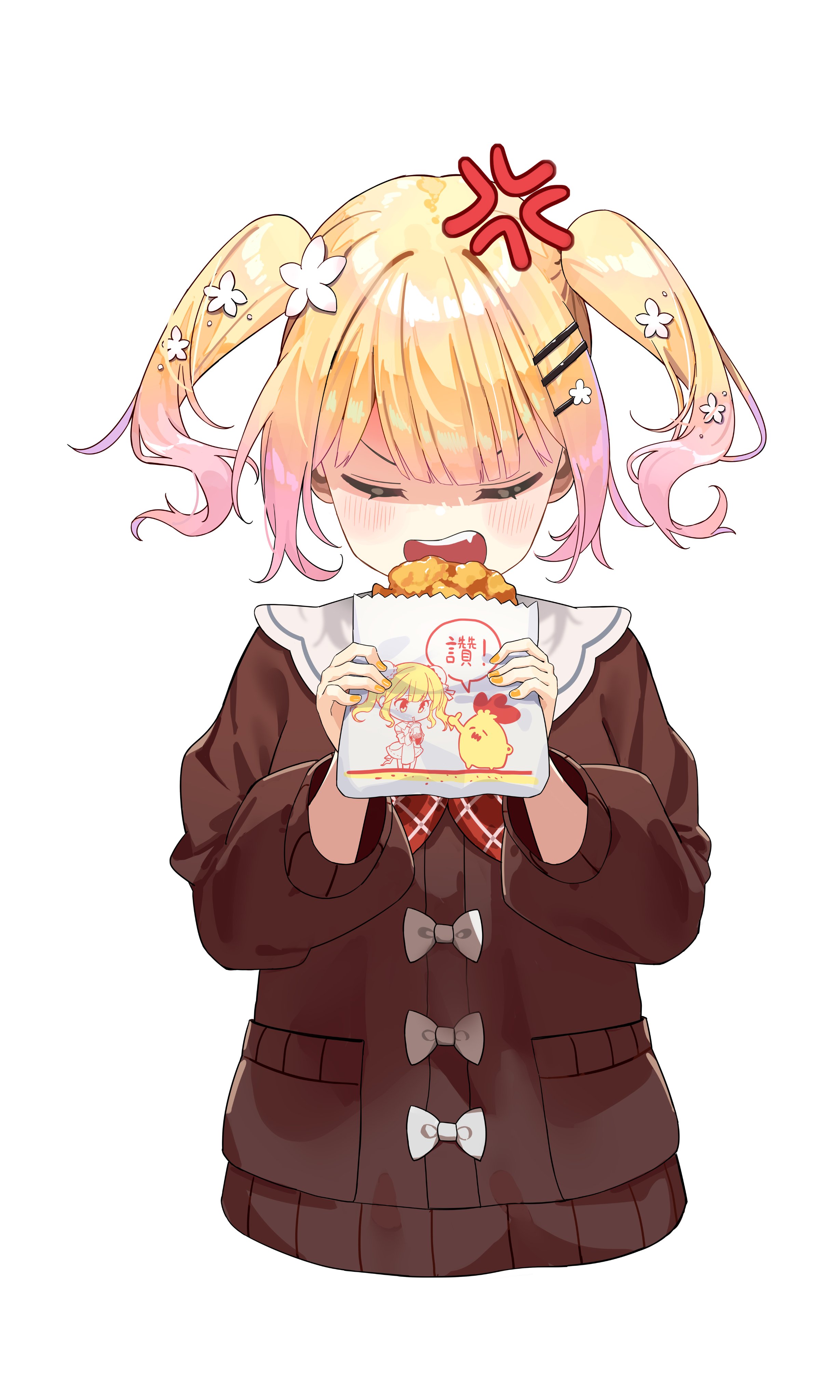 soredmaru, momosuzu nene, momosuzu nene (casual), hololive, absurdres, commentary request, highres, 1girl, anger vein, angry, blunt bangs, brown cardigan, cardigan, chicken (food), closed eyes, cropped torso, facing viewer, fang, flower, food, fried chicken, hair flower, hair ornament, hairclip, holding, holding food, neckerchief, official alternate costume, official alternate hairstyle, open mouth, plaid clothes, plaid neckerchief, red neckerchief, sailor collar, shade, short hair, sidelocks, simple background, solo, teeth, twintails, upper teeth only, virtual youtuber, white background, white flower, white sailor collar