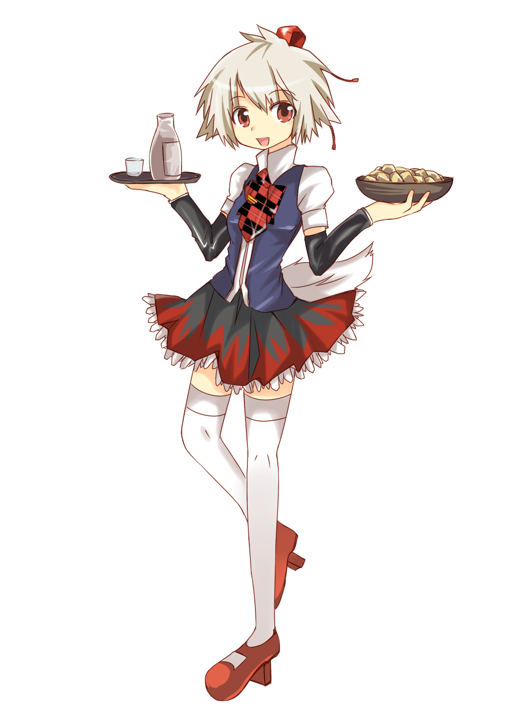 maturiuta sorato, inubashiri momiji, touhou, highres, 1girl, female focus, geta, legs, maid, skirt, solo, tengu-geta, thighhighs, white thighhighs
