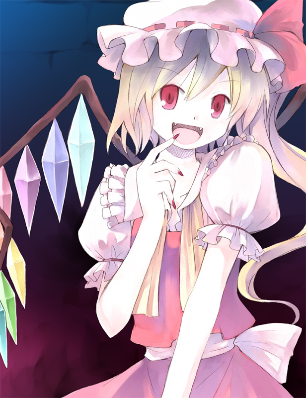 nonaka yuu, flandre scarlet, touhou, 1girl, blonde hair, blouse, collared shirt, fangs, female focus, fingernails, gradient background, hair between eyes, hat, mob cap, open mouth, ponytail, red eyes, sharp fingernails, shirt, solo, standing, white hat, white shirt, wings