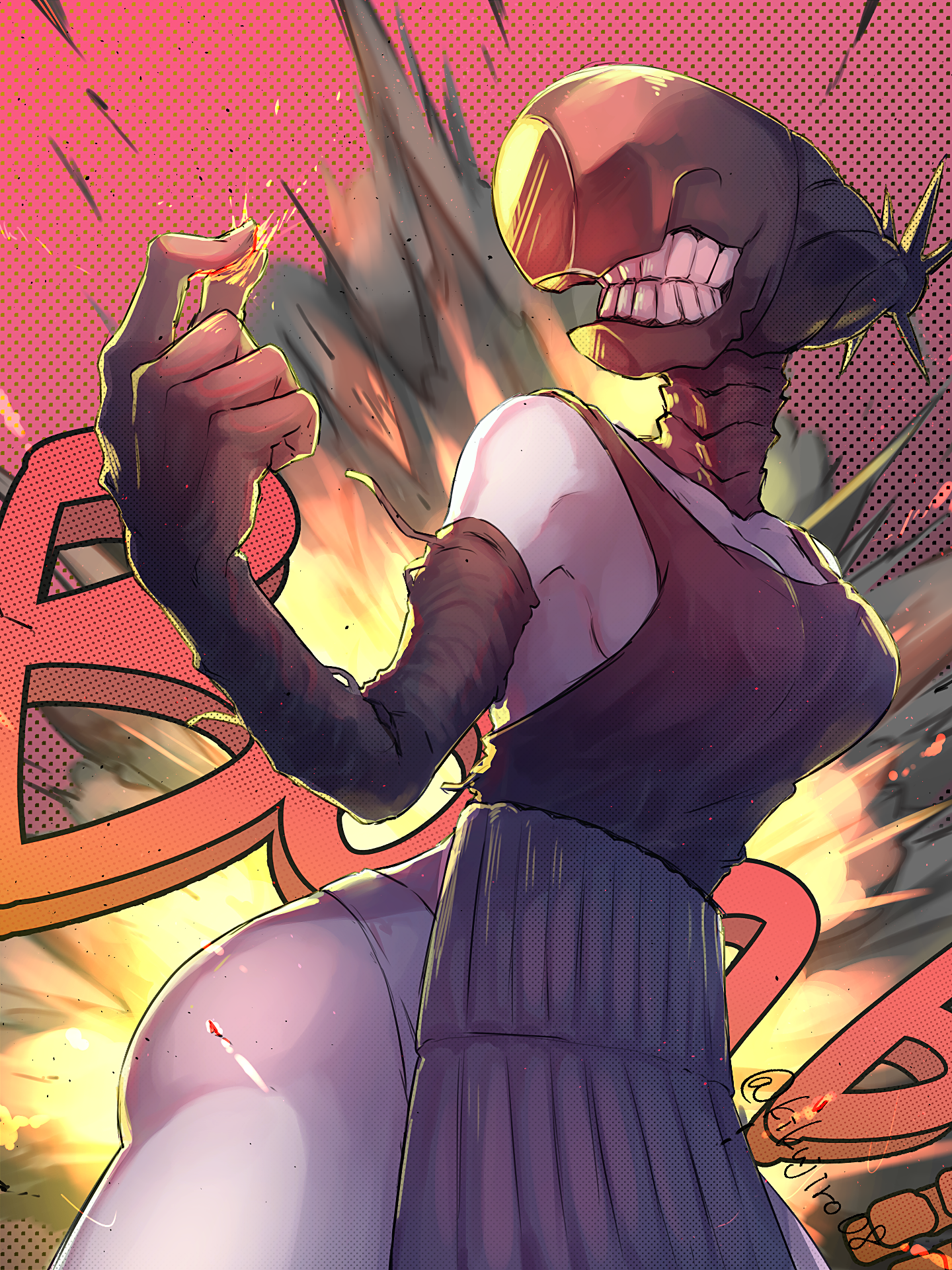 bomb devil (chainsaw man), chainsaw man, commentary request, highres, 1girl, apron, asagi tsuzumi, black apron, black gloves, breasts, dynamite, elbow gloves, explosion, explosion background, explosive, gloves, grey panties, large breasts, panties, solo, teeth, twitter username, underwear