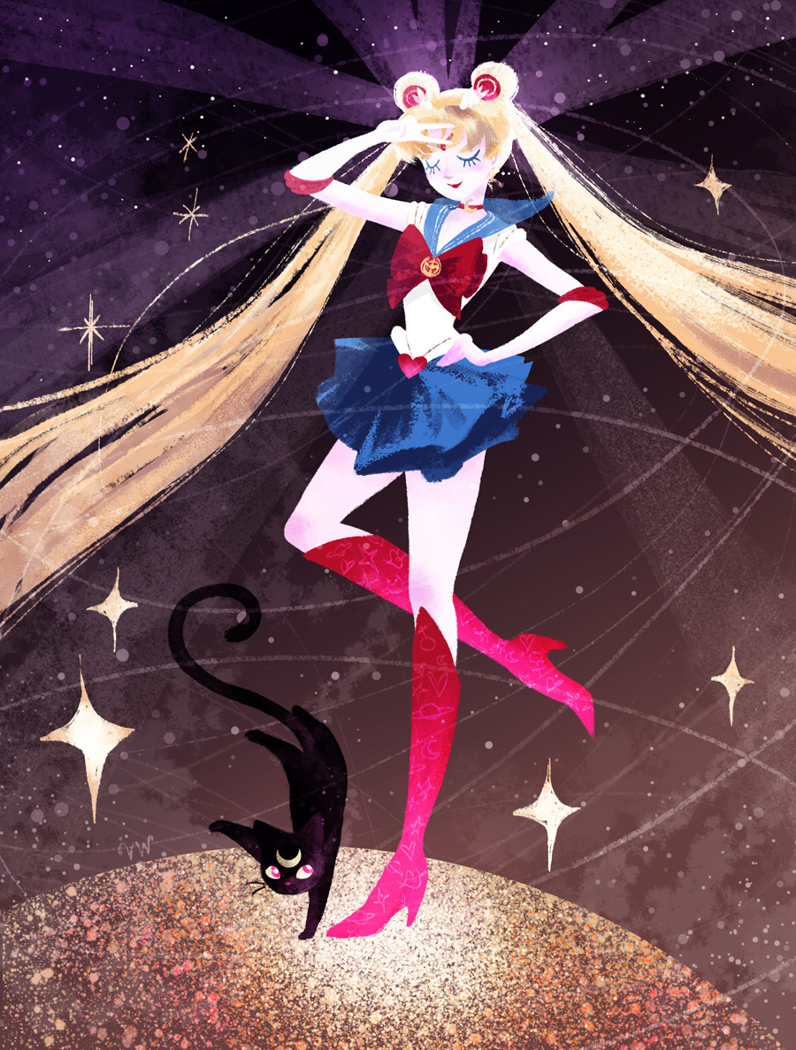 luna (sailor moon), sailor moon, tsukino usagi, bishoujo senshi sailor moon, commentary, english commentary, 1girl, blonde hair, blue sailor collar, blue skirt, blush, boots, bow, bright pupils, brooch, choker, circlet, closed eyes, crescent, double bun, elbow gloves, facing viewer, floating hair, full body, gloves, hair bun, hand on own hip, handstand, heart, high heels, jewelry, knee boots, long hair, long legs, looking at another, magical girl, miniskirt, one arm handstand, pink eyes, pleated skirt, print boots, red boots, red bow, red choker, sailor collar, sailor senshi uniform, school uniform, serafuku, skirt, smile, solo, sparkle, standing, standing on one leg, twintails, v, very long hair, vivien wu, white gloves, white pupils