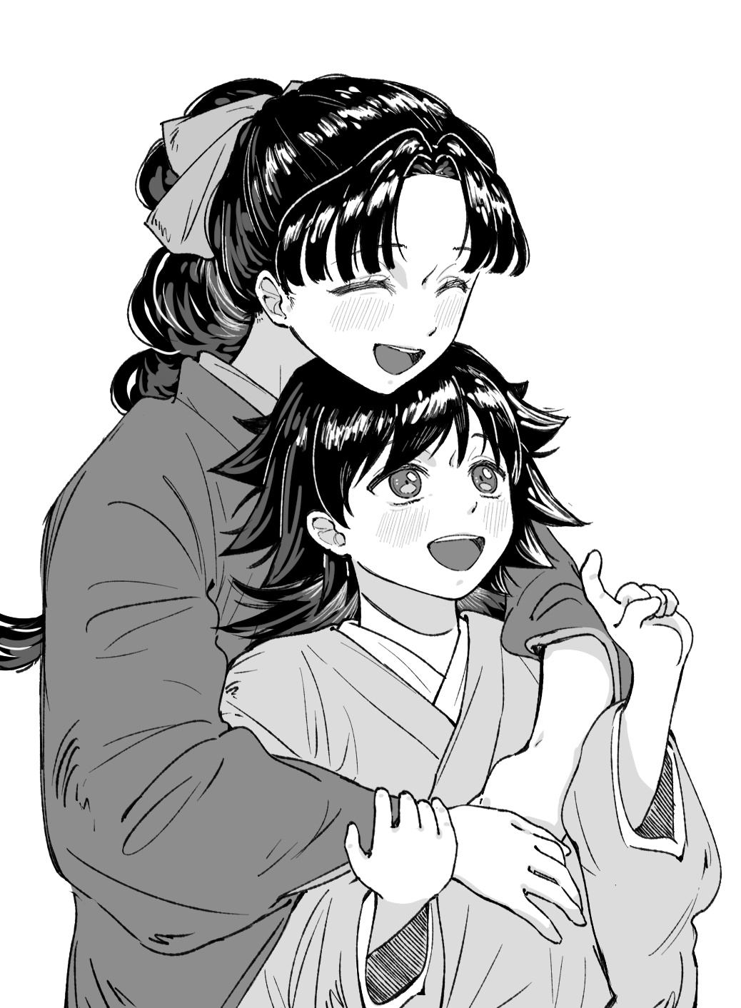 tomioka giyuu, tomioka tsutako, kimetsu no yaiba, highres, 1boy, 1girl, black hair, closed eyes, greyscale, hand up, hug, japanese clothes, kimono, light blush, long hair, looking up, monochrome, nem yamm, open mouth, simple background, smile, spiked hair, upper body, white background, wide sleeves