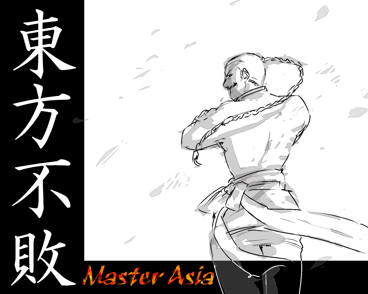 kuma (artist), kuma (crimsonvanilla), master asia, g gundam, gundam, 1990s (style), 1boy, braid, cowboy shot, from behind, greyscale, long hair, male focus, monochrome, retro artstyle, simple background, single braid, solo, standing, text focus, topless male, very long hair, white background