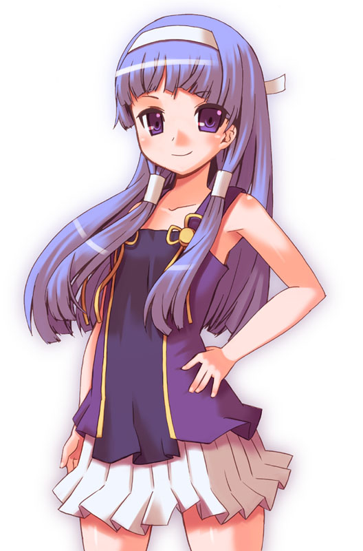 yukimura tsubame, nagi, kannagi, 00s, 1girl, armpits, bare shoulders, blunt bangs, blush, closed mouth, female focus, gradient background, hair tubes, hand on own hip, long hair, looking at viewer, pleated skirt, purple eyes, purple hair, sidelocks, skirt, smile, solo, standing, very long hair, white skirt